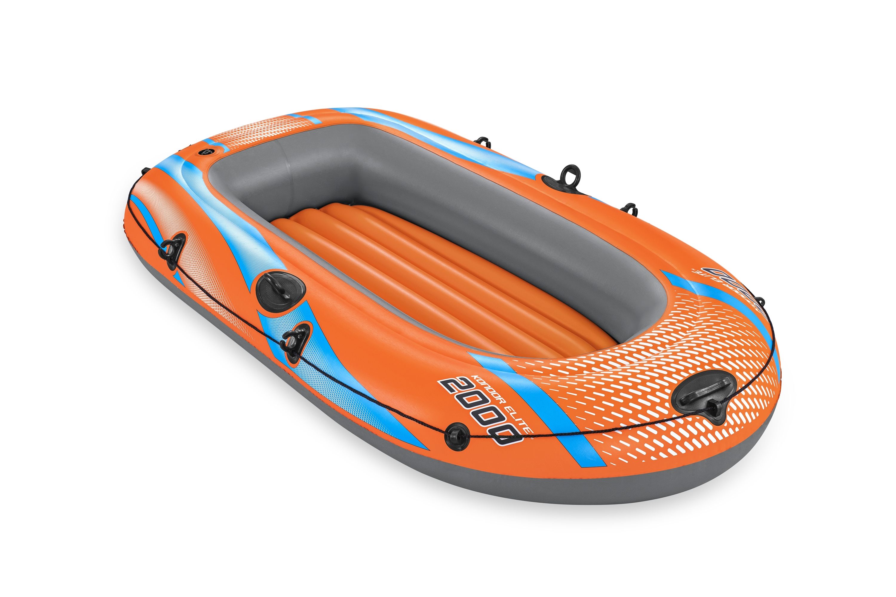 Oranges Schlauchboot mit blauen Streifen und grauer Verkleidung. Verfügt über Griffe und den Text '2000'.