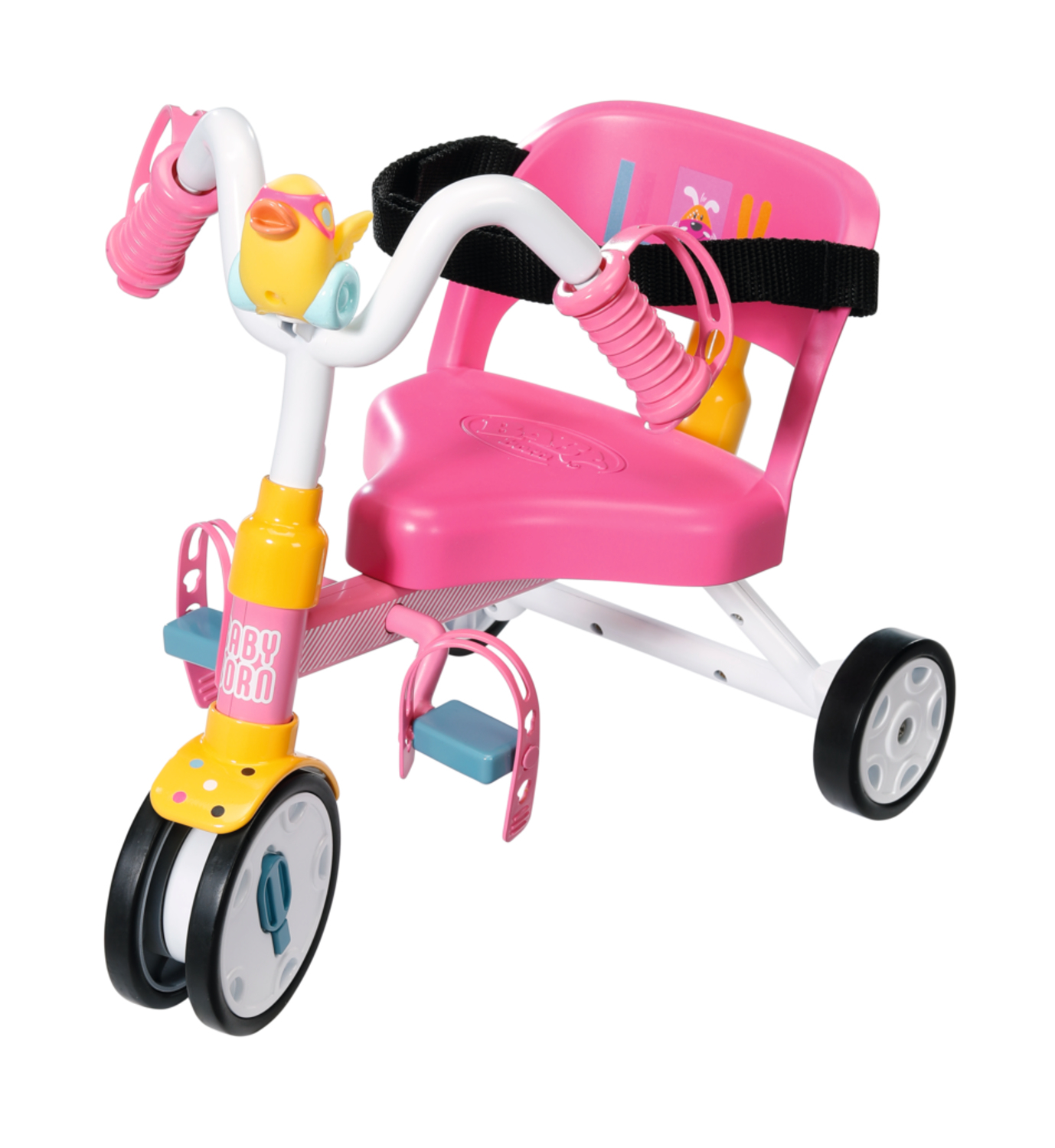 Triciclo rosa e bianco con decorazione a papera, cintura nera e ruote nere. Ruota anteriore con sezione gialla.