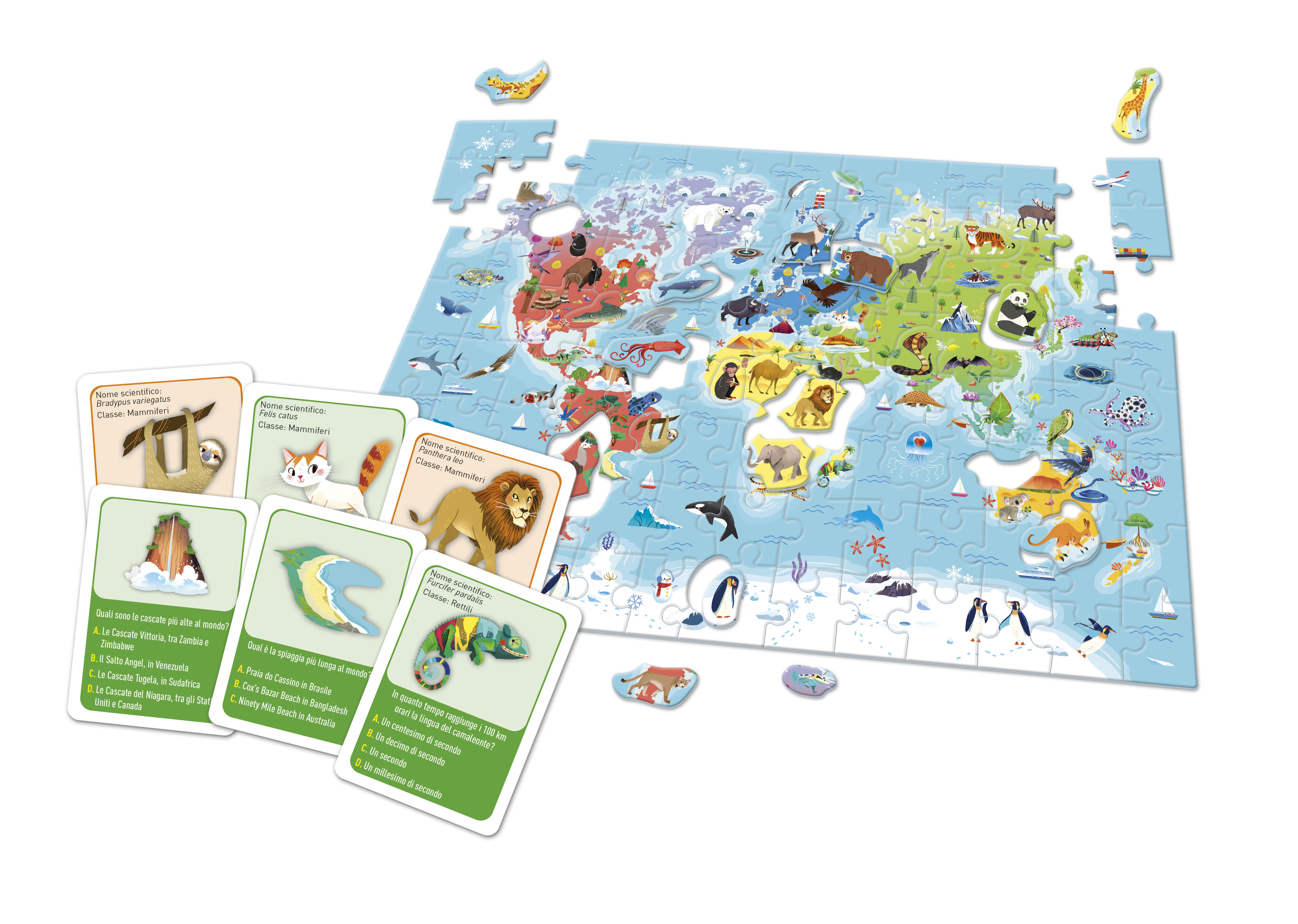 Puzzle mit Weltkarte, Tieren und Quizkarten. Tiere, Länder und Text auf weißer Oberfläche sichtbar.