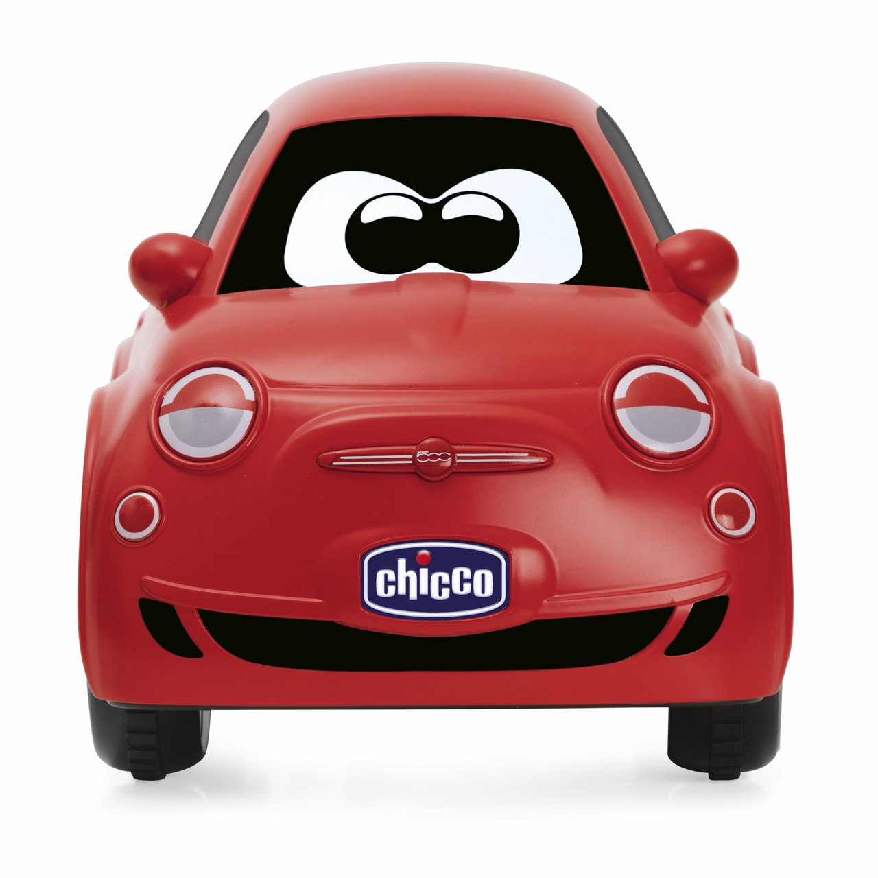 Rotes Spielzeugauto mit großen Augen und einem Smiley-Gesicht. Es hat ein 'chicco'-Logo auf der Vorderseite.