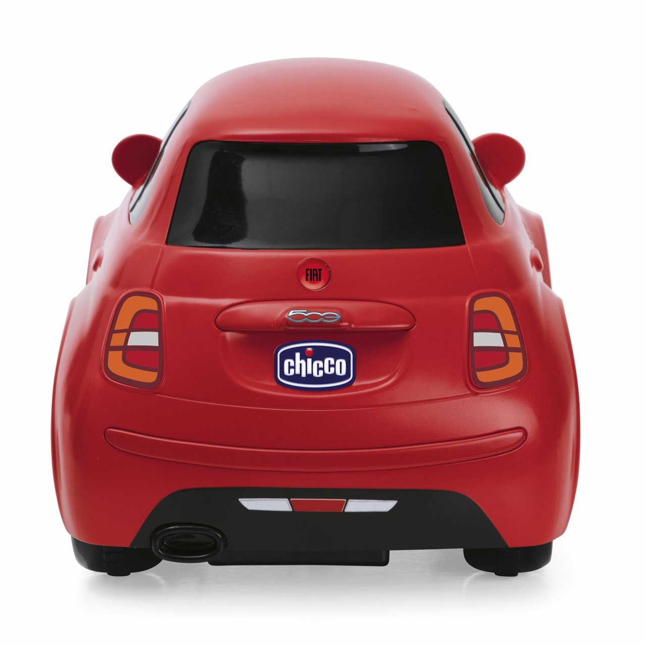 Rotes Spielzeugauto, Fiat 500, von hinten. Es hat die Fiat- und Chicco-Logos.