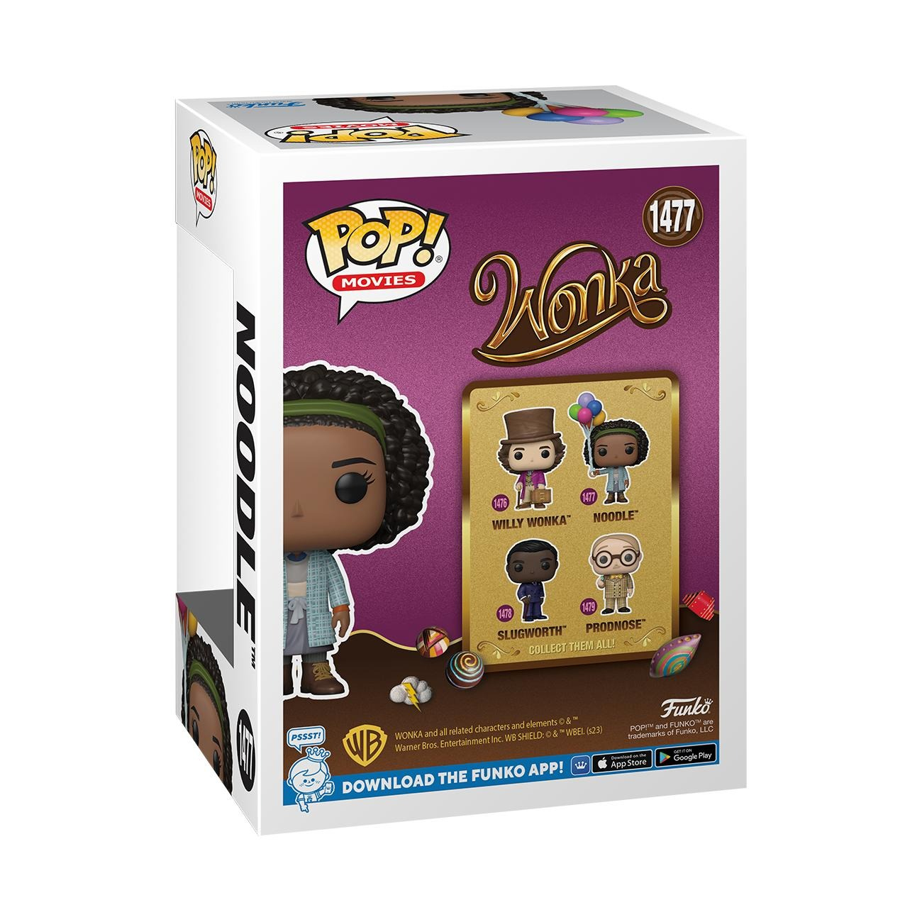 Pudełko Funko Pop dla Noodle z Wonki. Pudełko pokazuje zdjęcie Noodle i innych postaci.