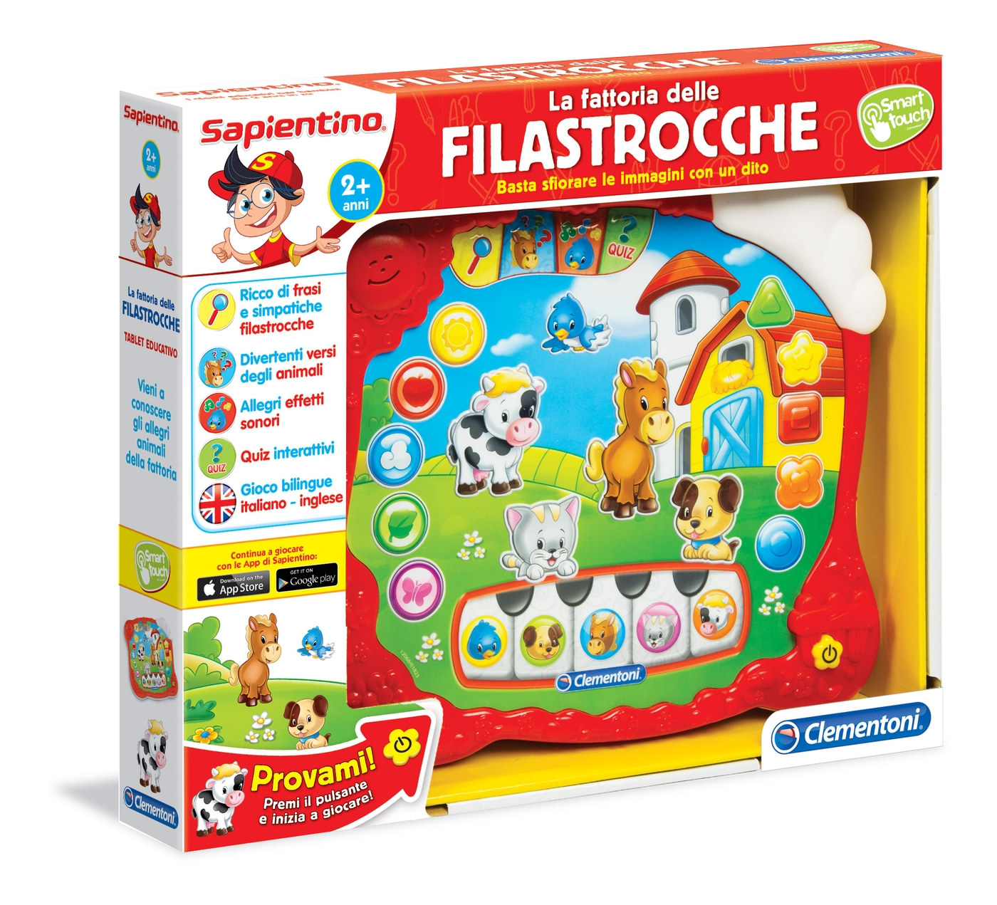 Farbenfrohes Kinderspielzeug mit Tierbildern und einer Tastatur.