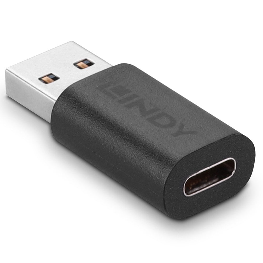 Czarna przejściówka USB-C z marką Lindy na białej powierzchni.