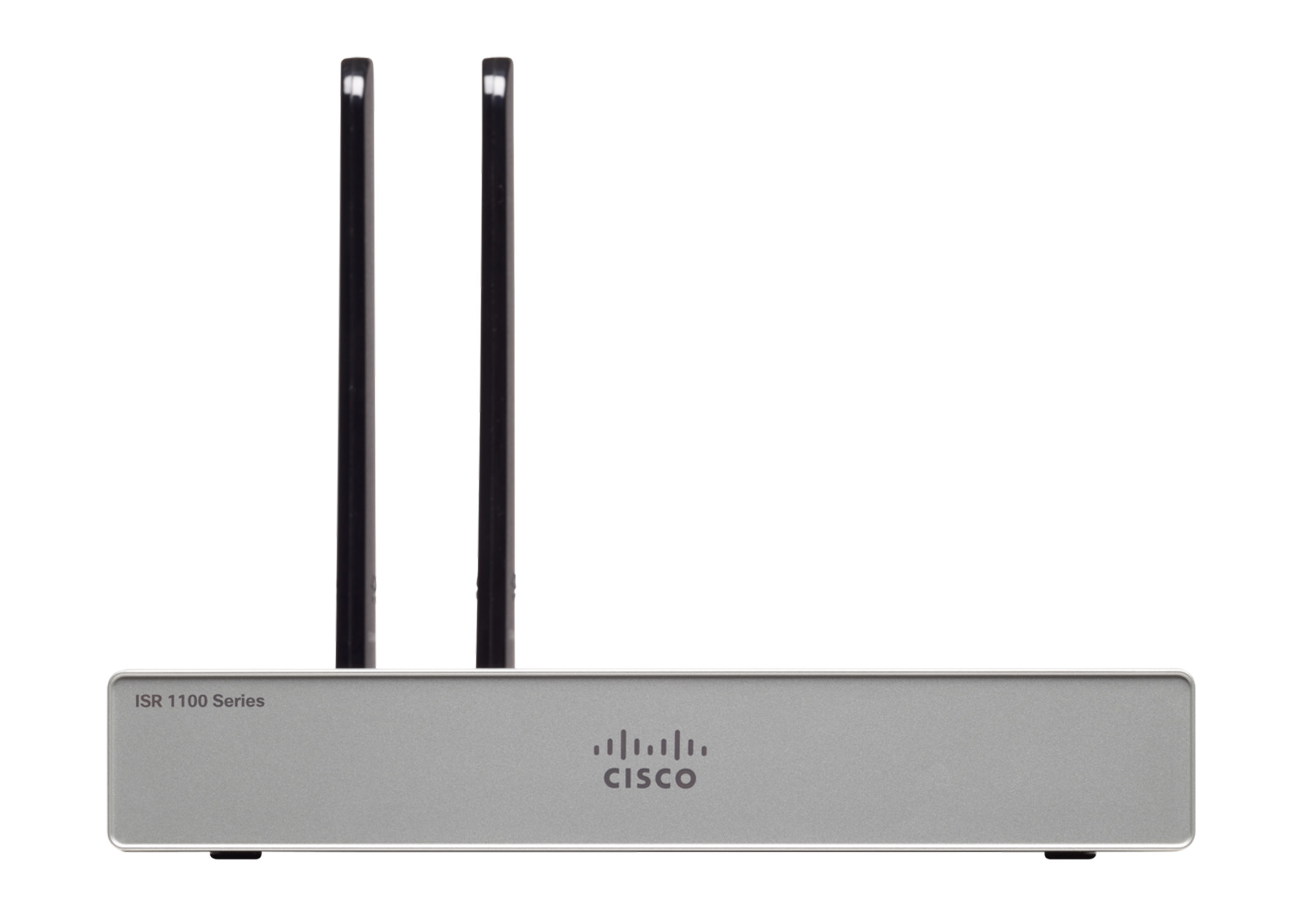 Silbernes Gerät mit zwei schwarzen Antennen, mit dem Cisco-Logo auf weißem Hintergrund.
