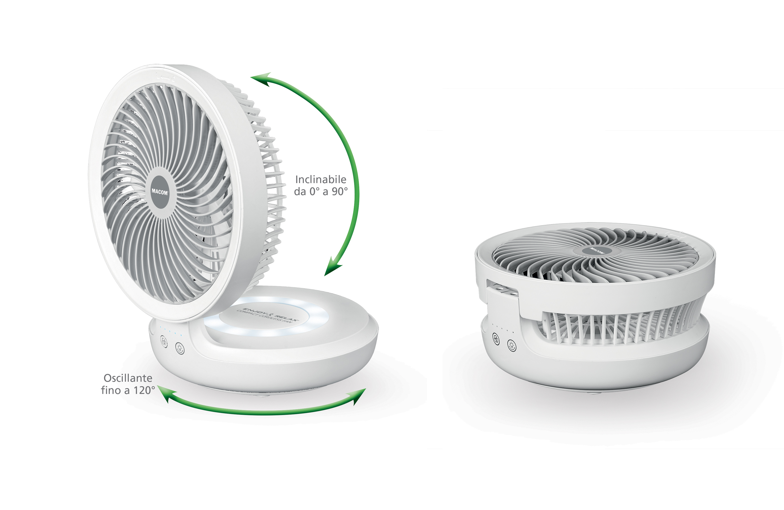 Biały wentylator przenośny z regulowaną głowicą i podstawą ze światłami.