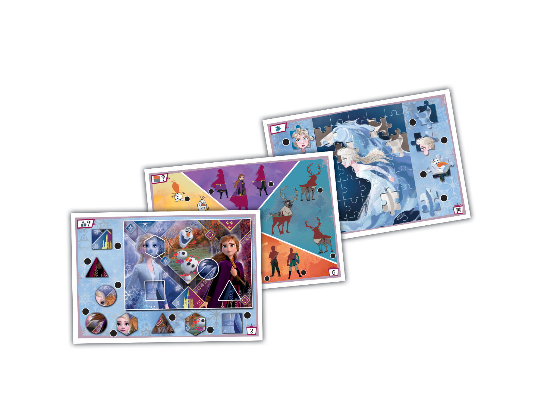Trzy kolorowe puzzle przedstawiające postacie i sceny z Krainy Lodu.