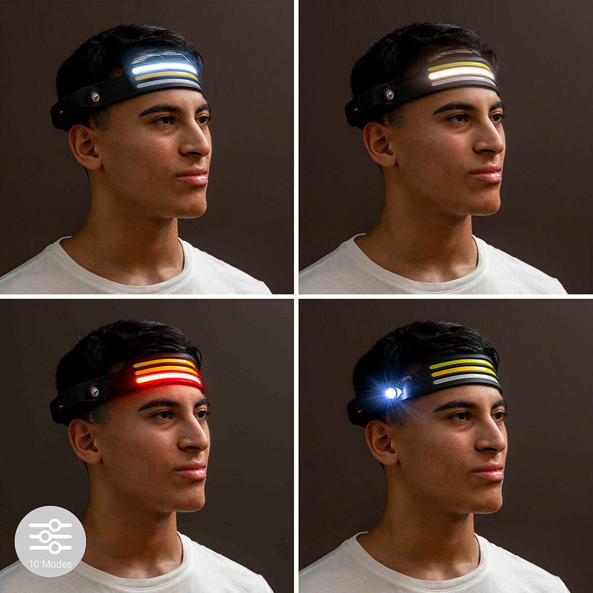Quattro immagini di un uomo con una lampada frontale con diverse modalità di illuminazione: bianca, gialla, rossa e blu.