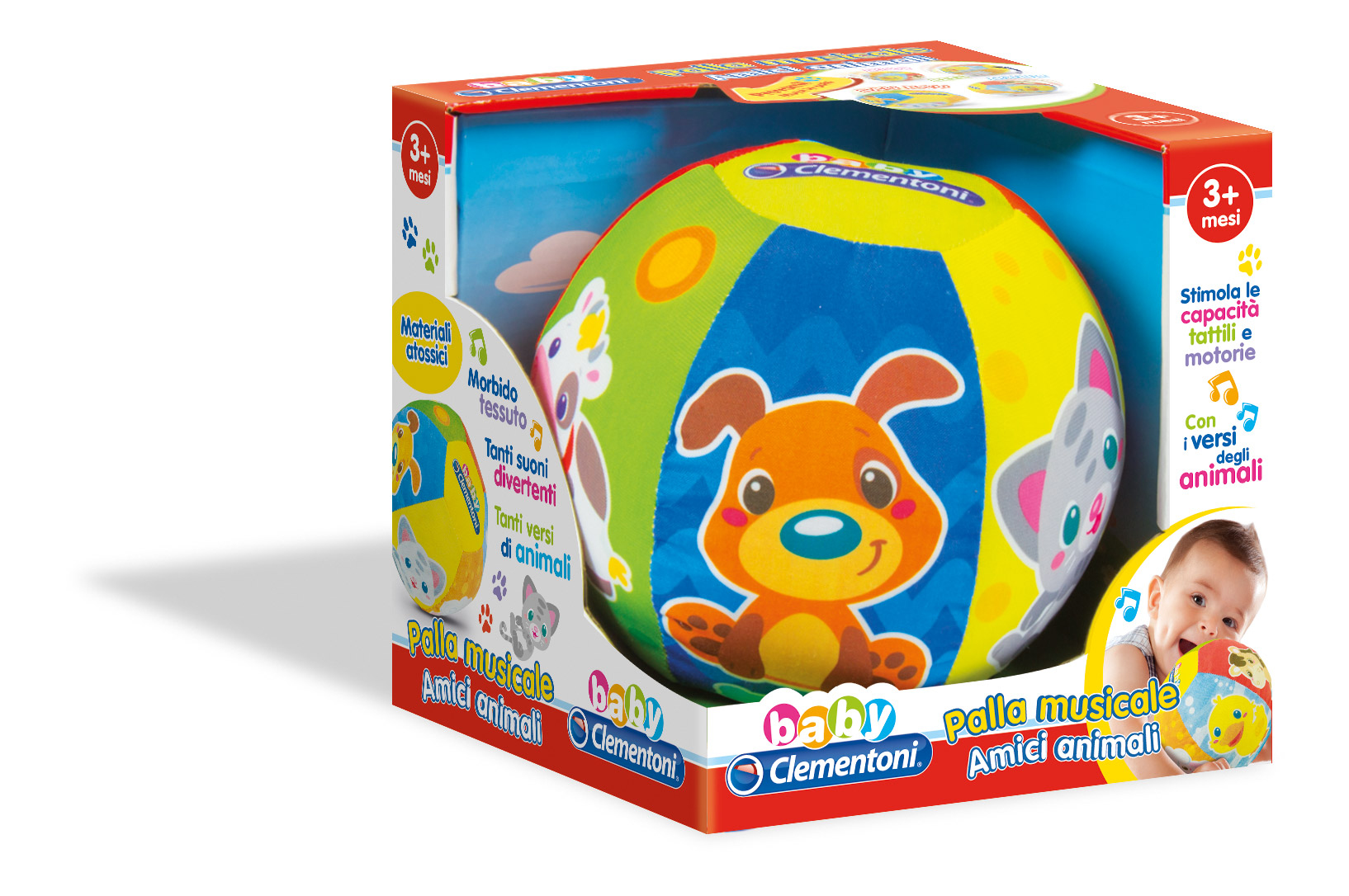 Clementoni Musikball mit Tierbildern, in einer Box, auf weißem Hintergrund.