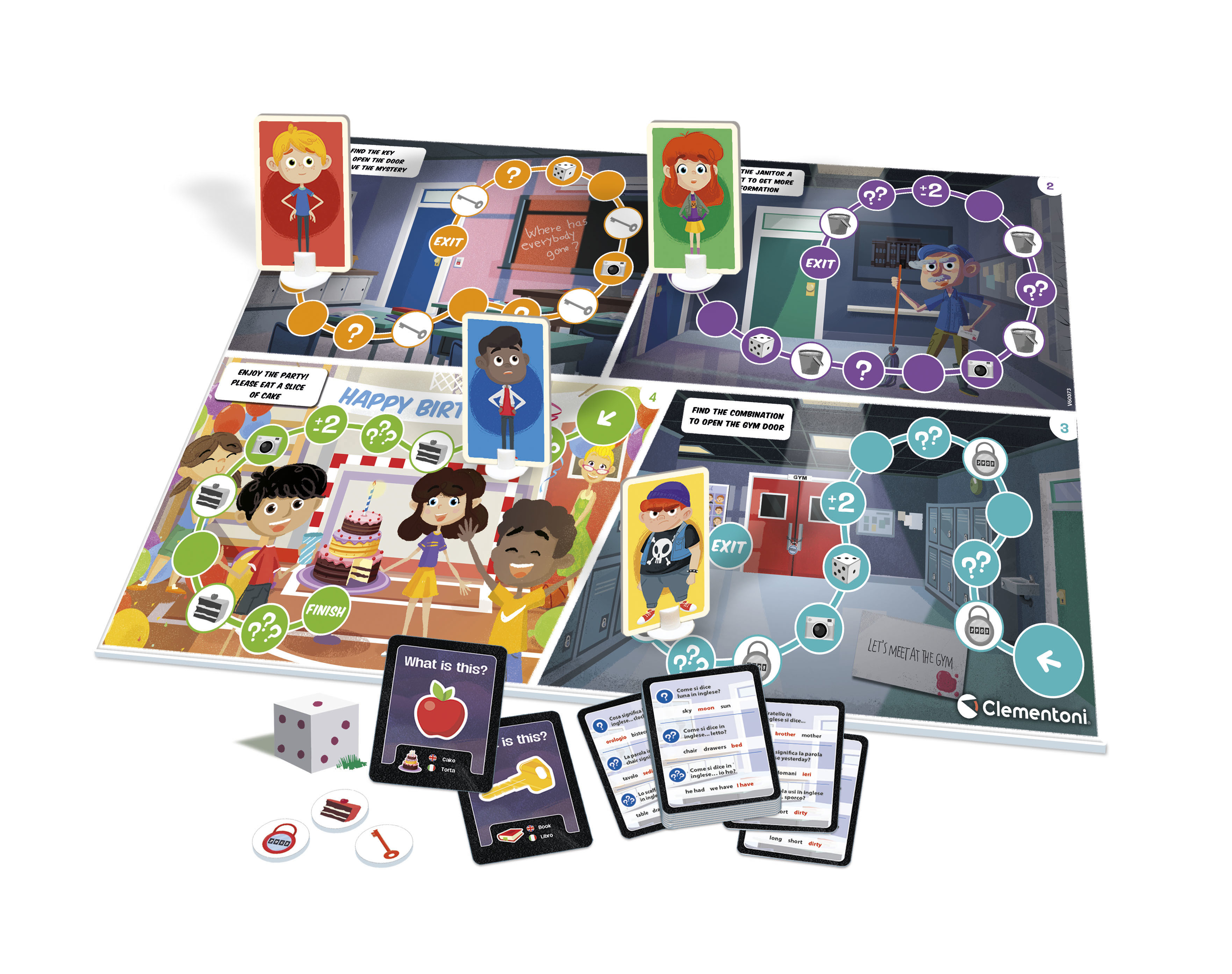 Ein Brettspiel mit Zeichentrickfiguren und einem farbenfrohen Design. Würfel und Karten liegen herum.
