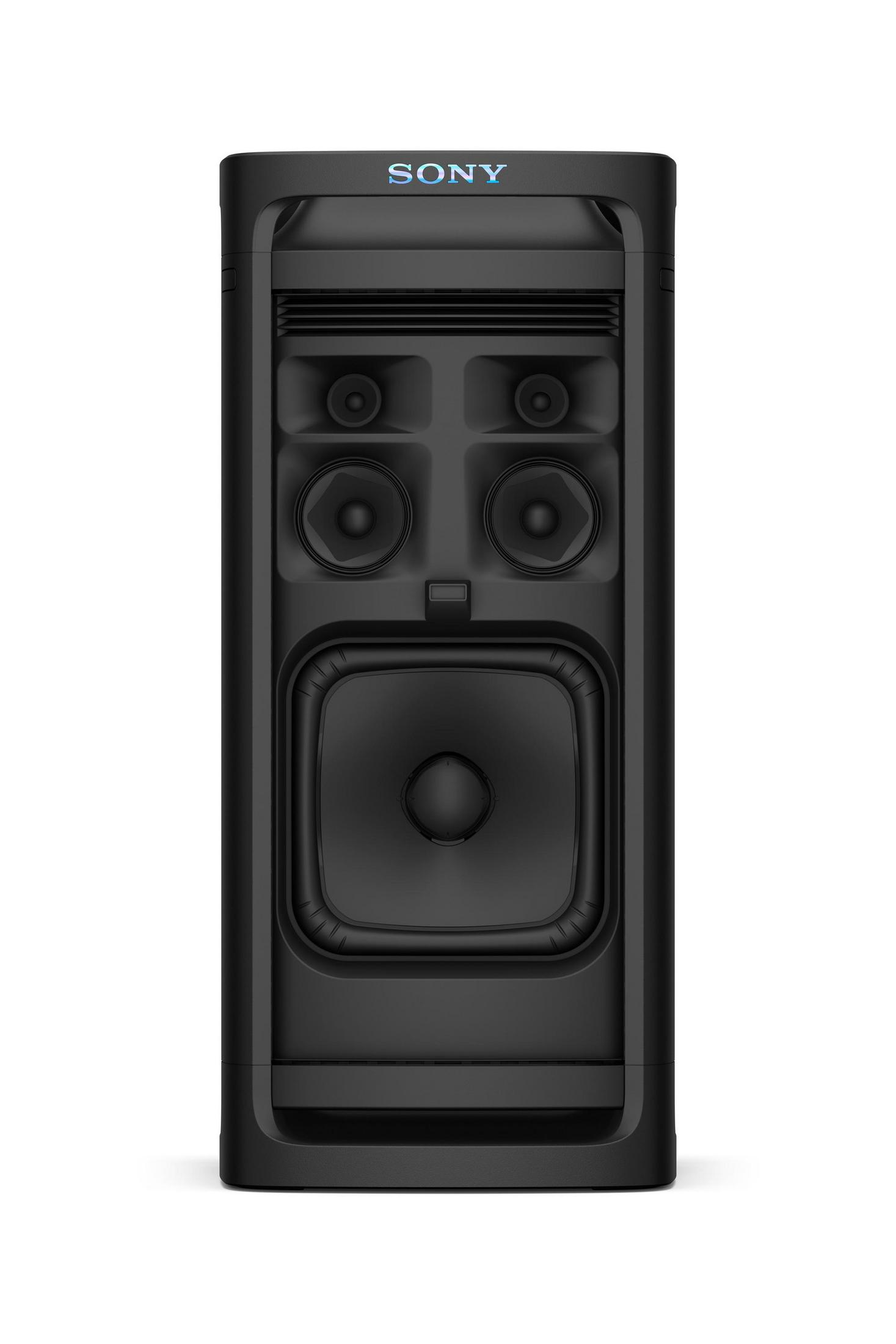 Un altavoz Sony negro. El altavoz tiene un woofer cuadrado grande y un panel de control central.