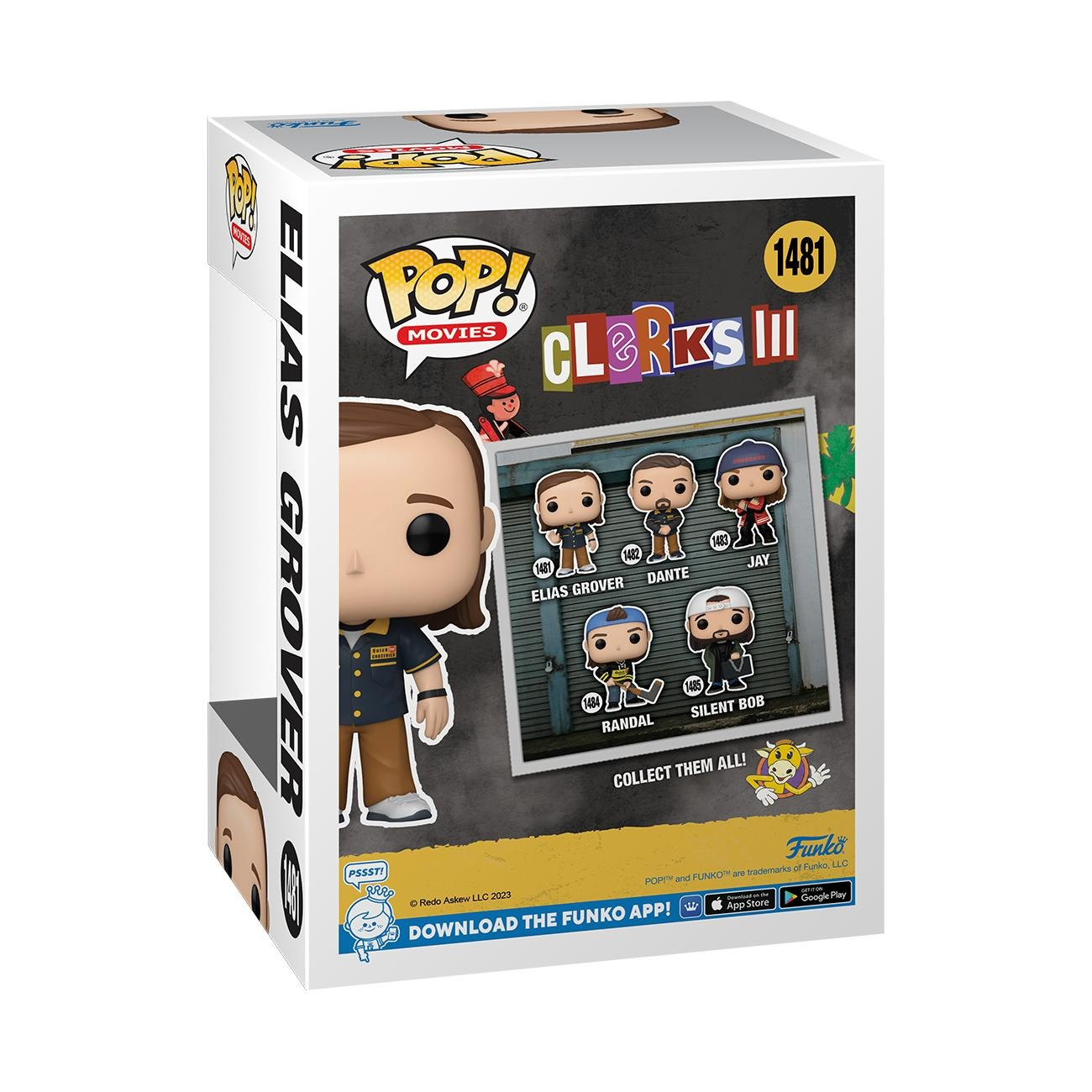 Pudełko Funko Pop z figurką Eliasa Grovera. Pudełko jest białe ze zdjęciami z filmu Clerks III.