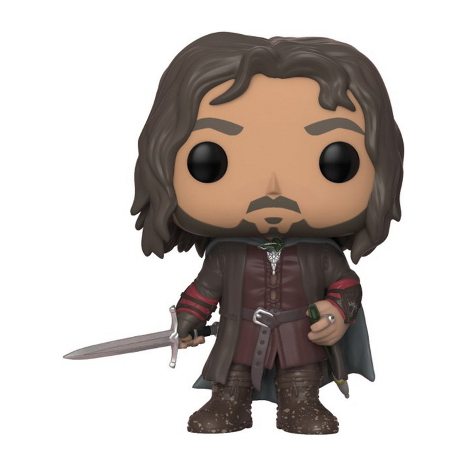 Figurka Aragorna Funko Pop z mieczem w dłoni. Nosi brązowo-szary strój.