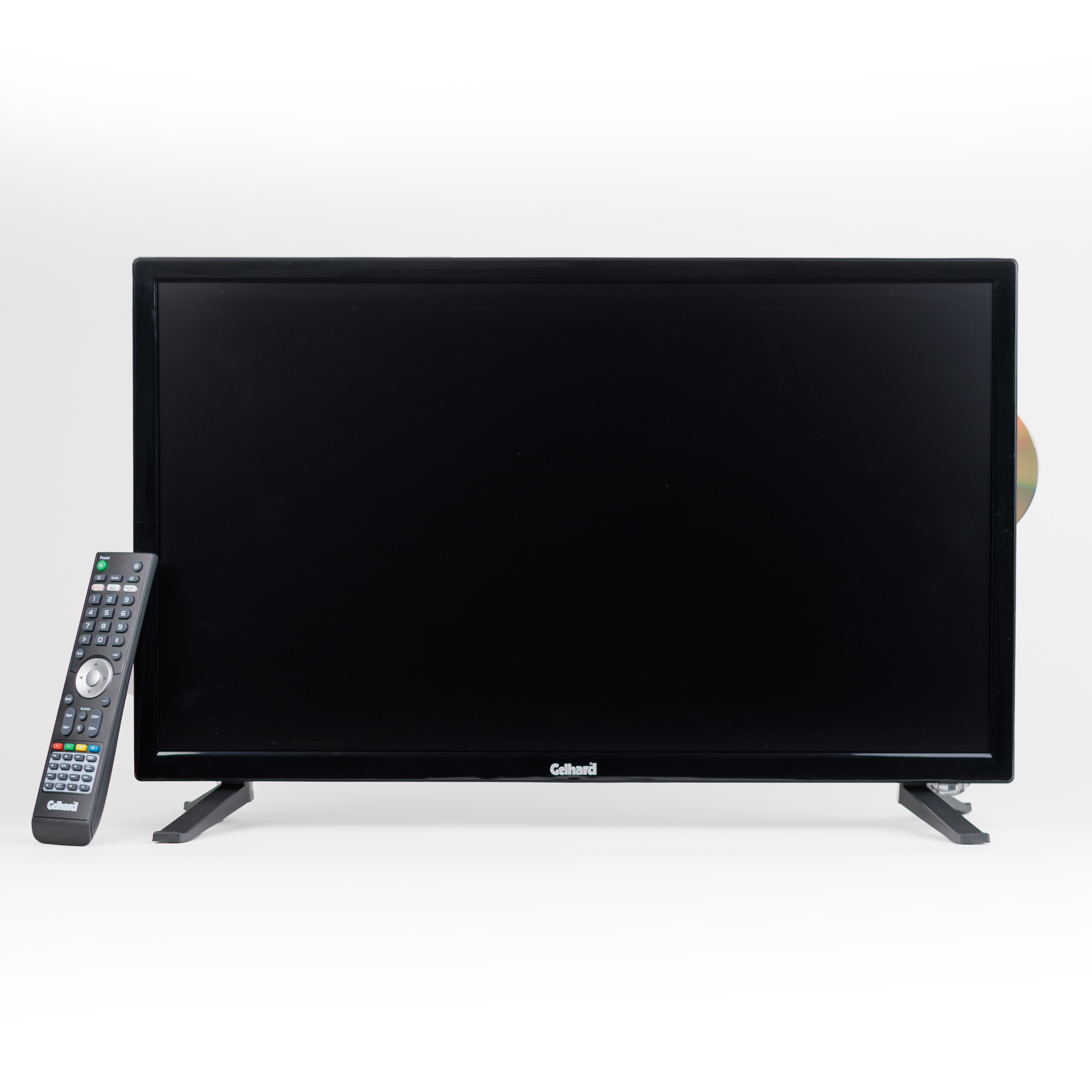 Schwarzer Flachbildfernseher mit Fernbedienung und DVD-Player auf weißem Grund.