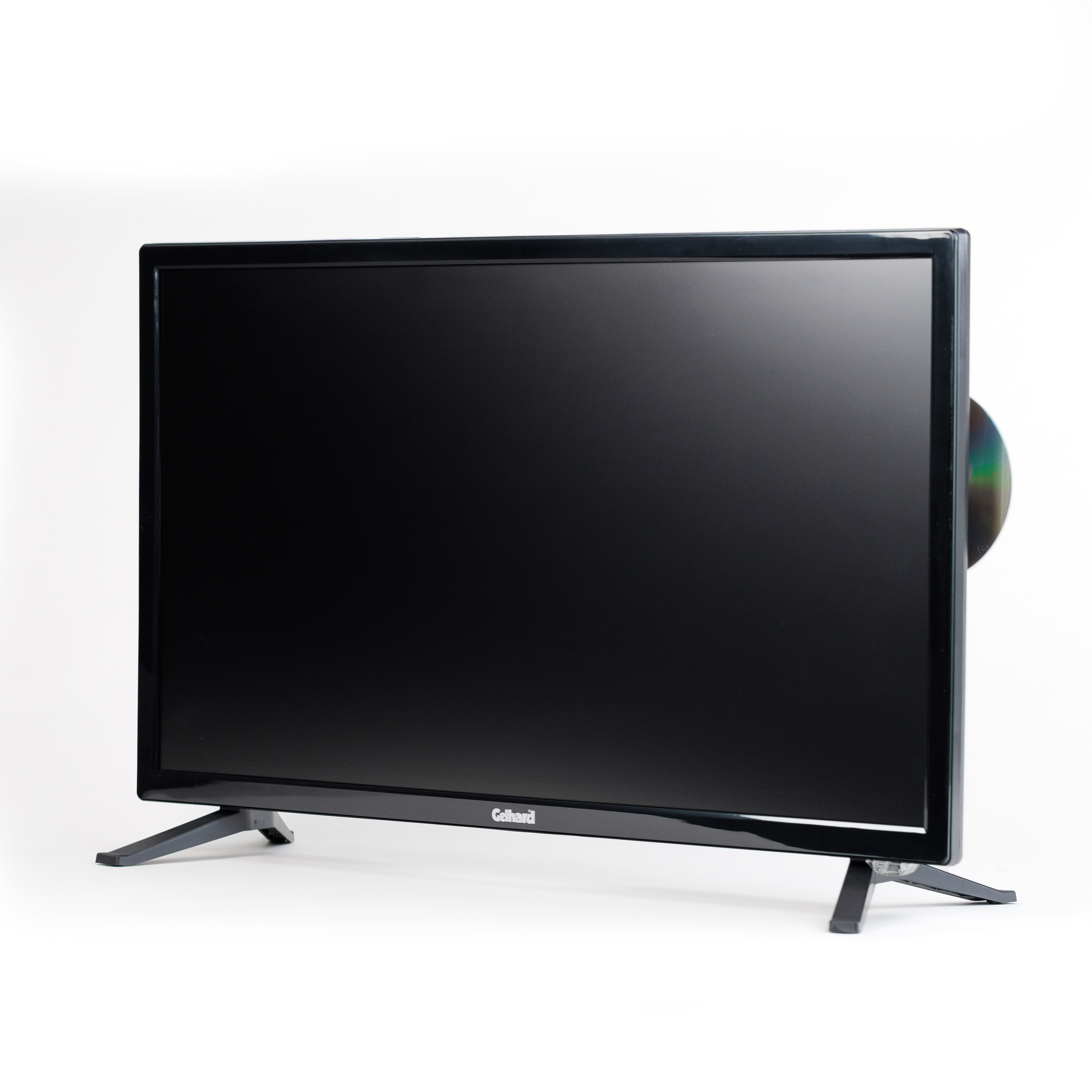 Seitenansicht des Fernsehers, der das Profil des Fernsehers auf weißem Hintergrund zeigt.