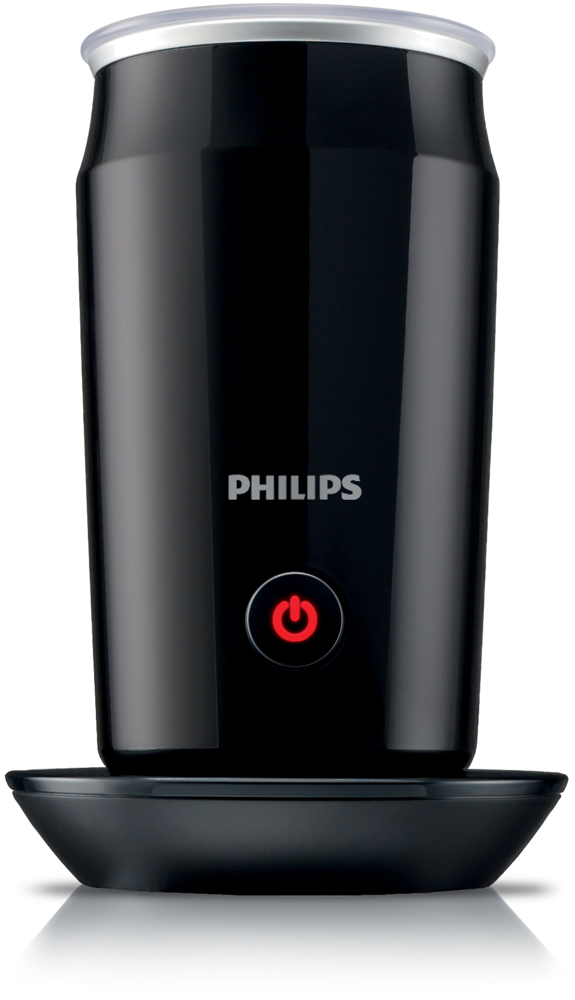 Un espumador de leche Philips negro. Tiene un botón de encendido y una base sobre fondo blanco.