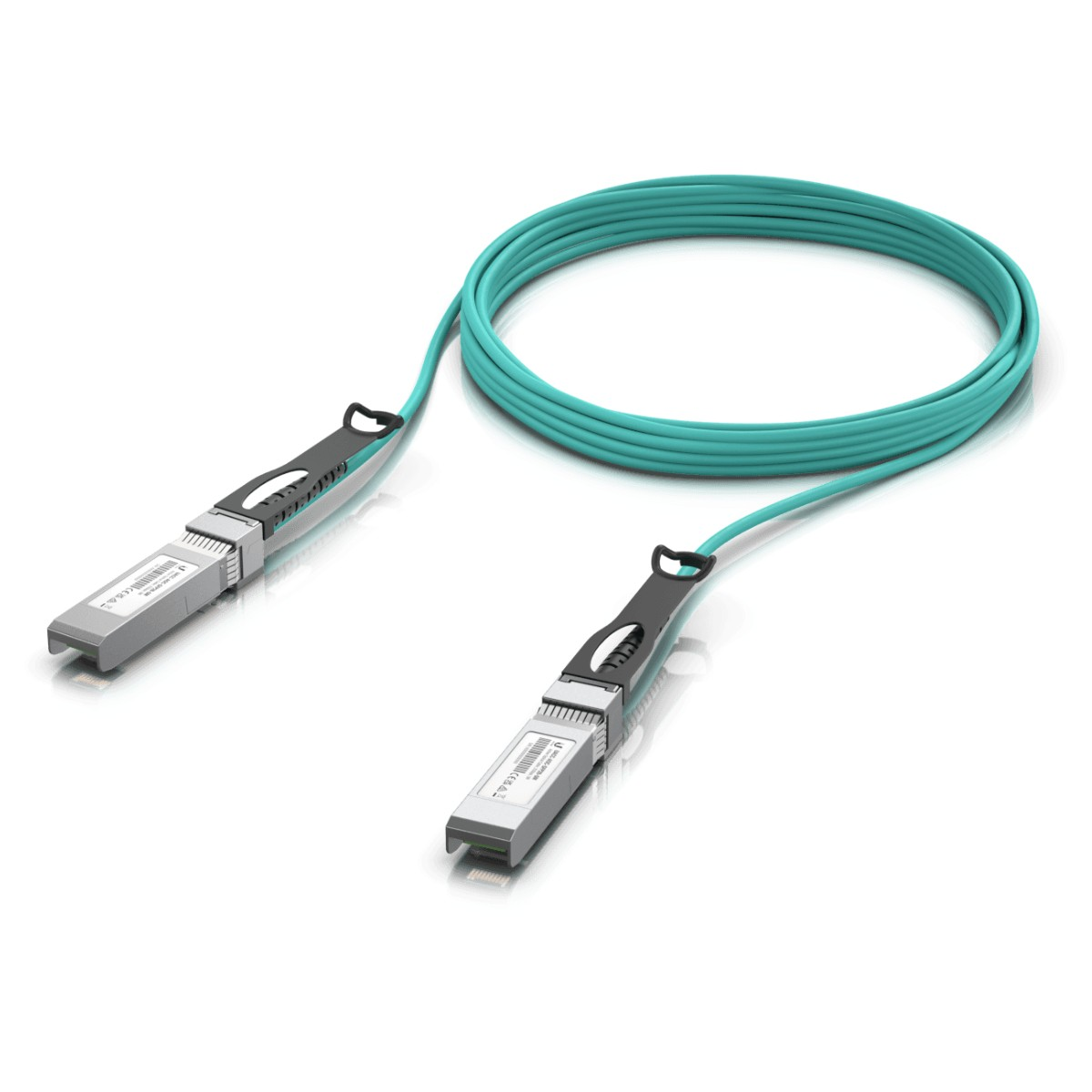 Un cavo ottico color turchese con due connettori. Il cavo è arrotolato su sfondo bianco.