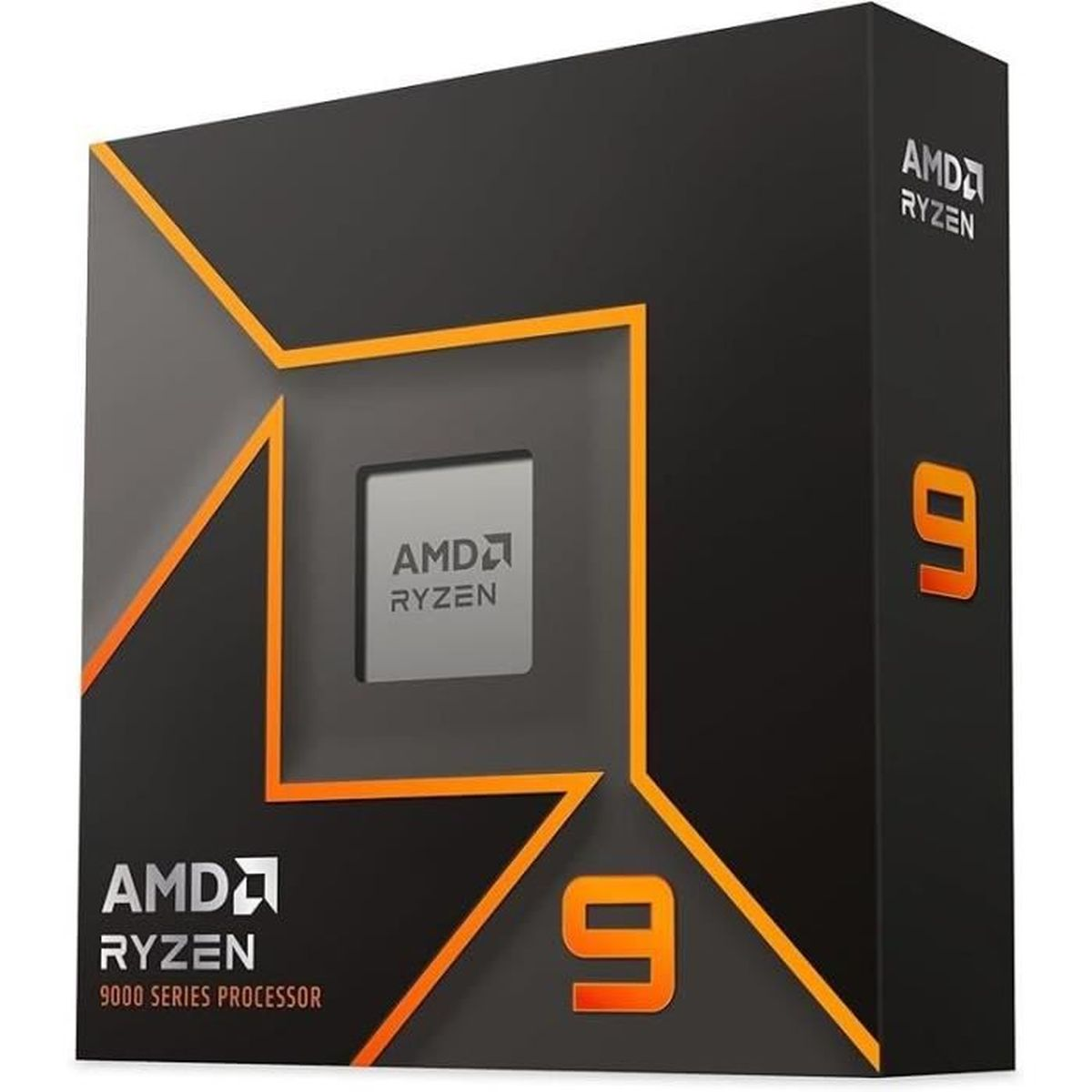 Pudełko procesora AMD Ryzen 9. Czarne z pomarańczowymi akcentami i logo Ryzen 9 i AMD.