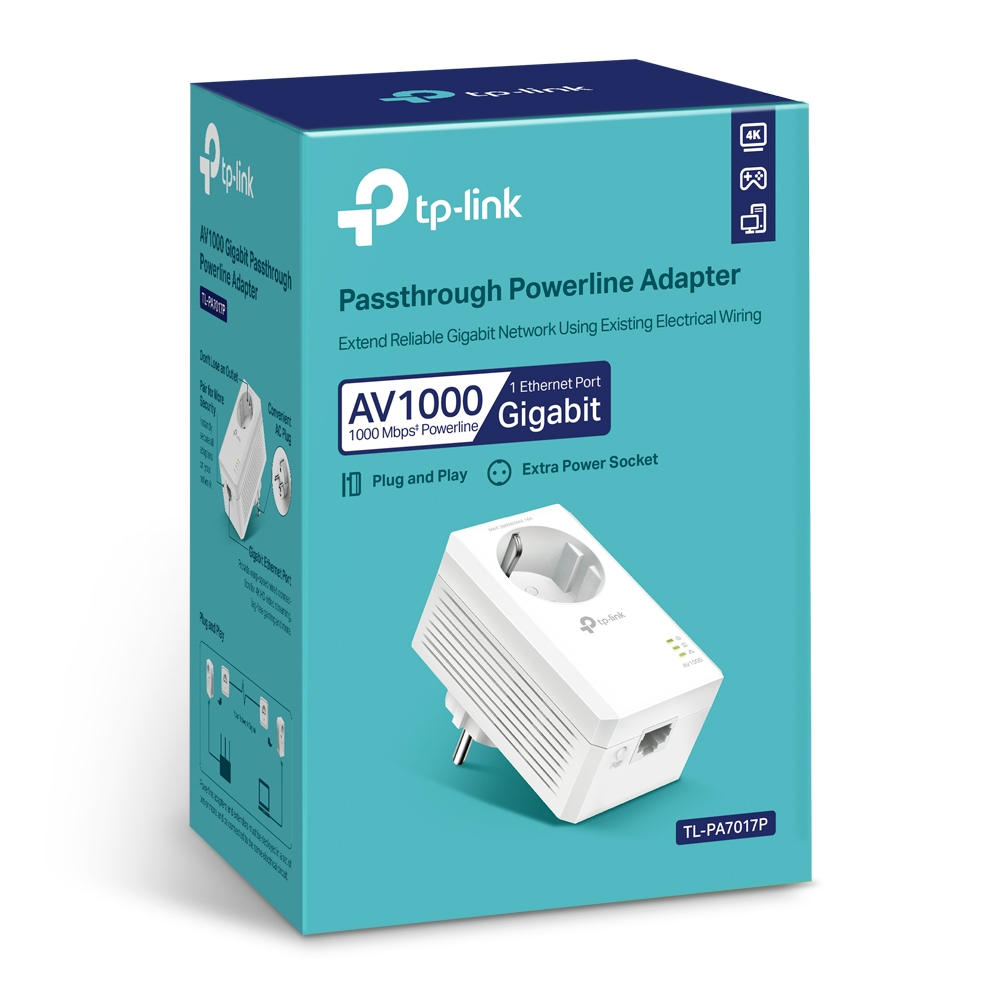 Pudełko adaptera sieciowego TP-Link. Pokazano biały adapter z wtyczką europejską. Tekst zawiera 'AV1000'.
