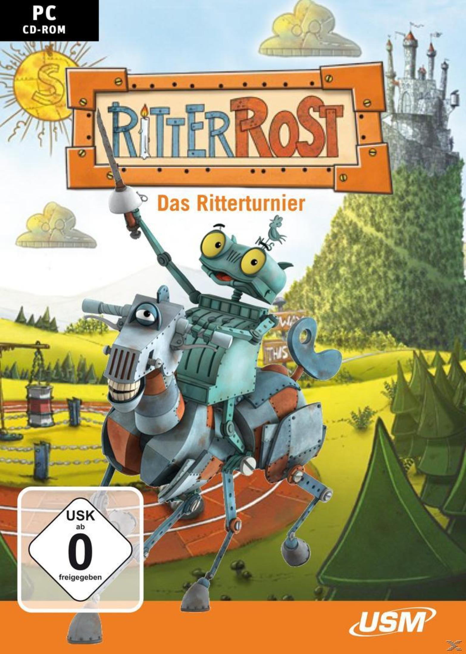 Spielcover mit Roboter auf Pferd, Burg im Hintergrund. Text: Ritter Rost. Das Ritterturnier. USK 0.