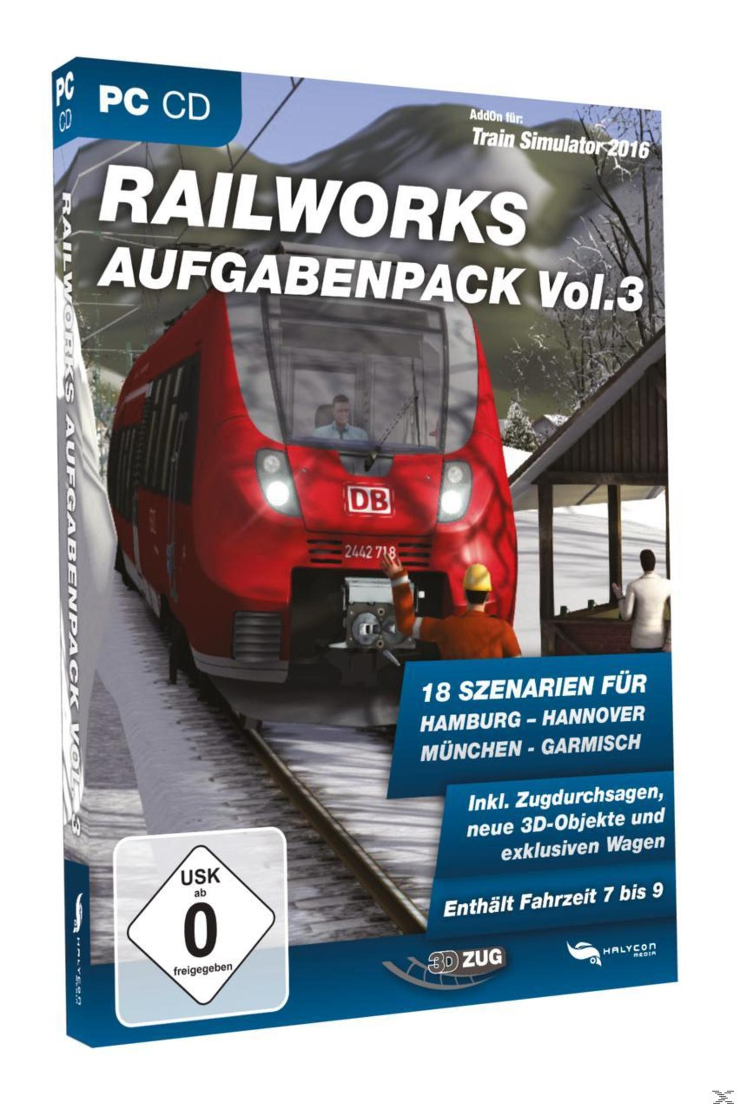 Eine Spielbox für Railworks Aufgabenpack Vol.3 für Train Simulator 2016. Enthält einen roten Zug.