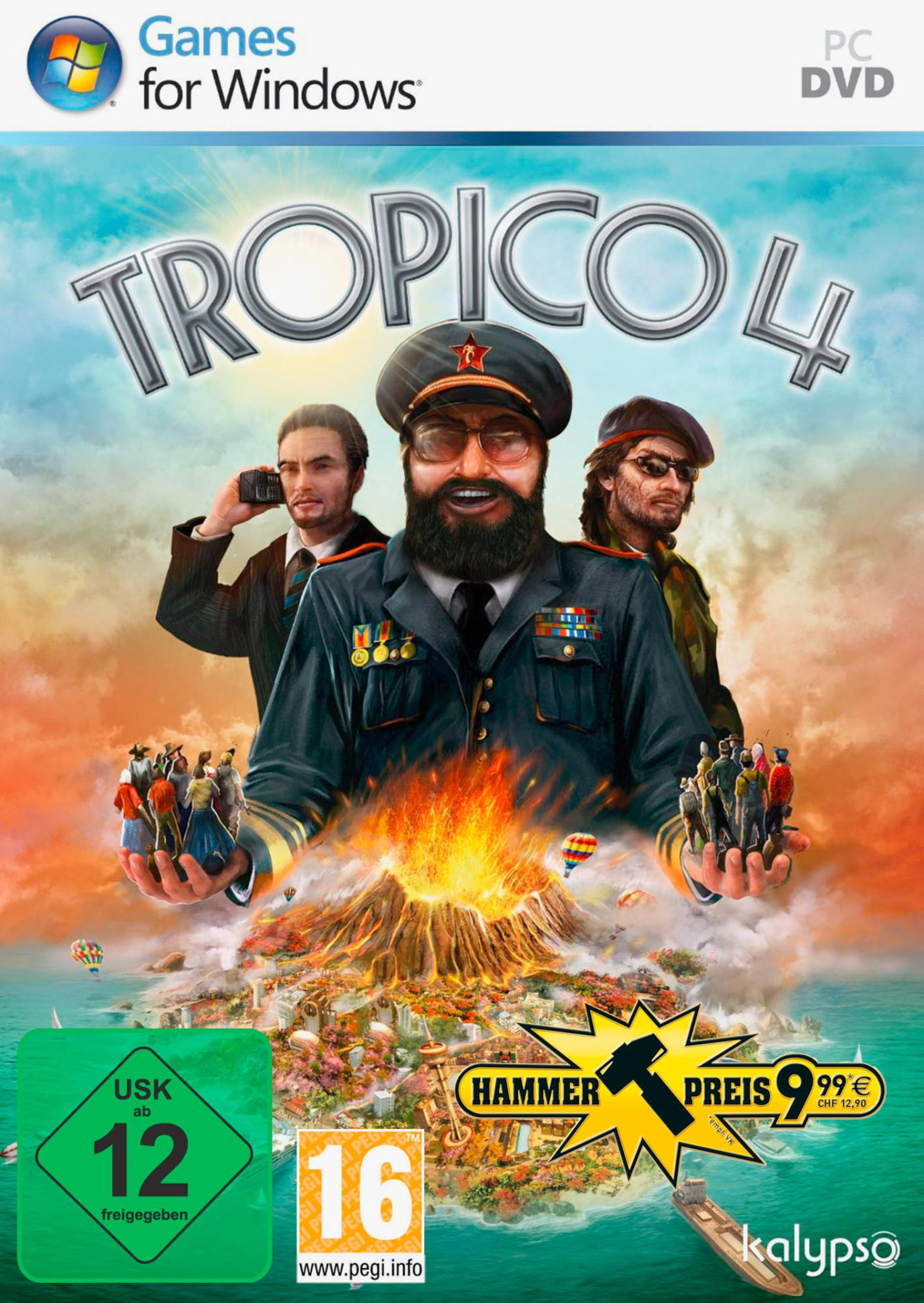 Ein Spielcover für Tropico 4. Es zeigt einen Diktator, Menschen und einen Vulkan.