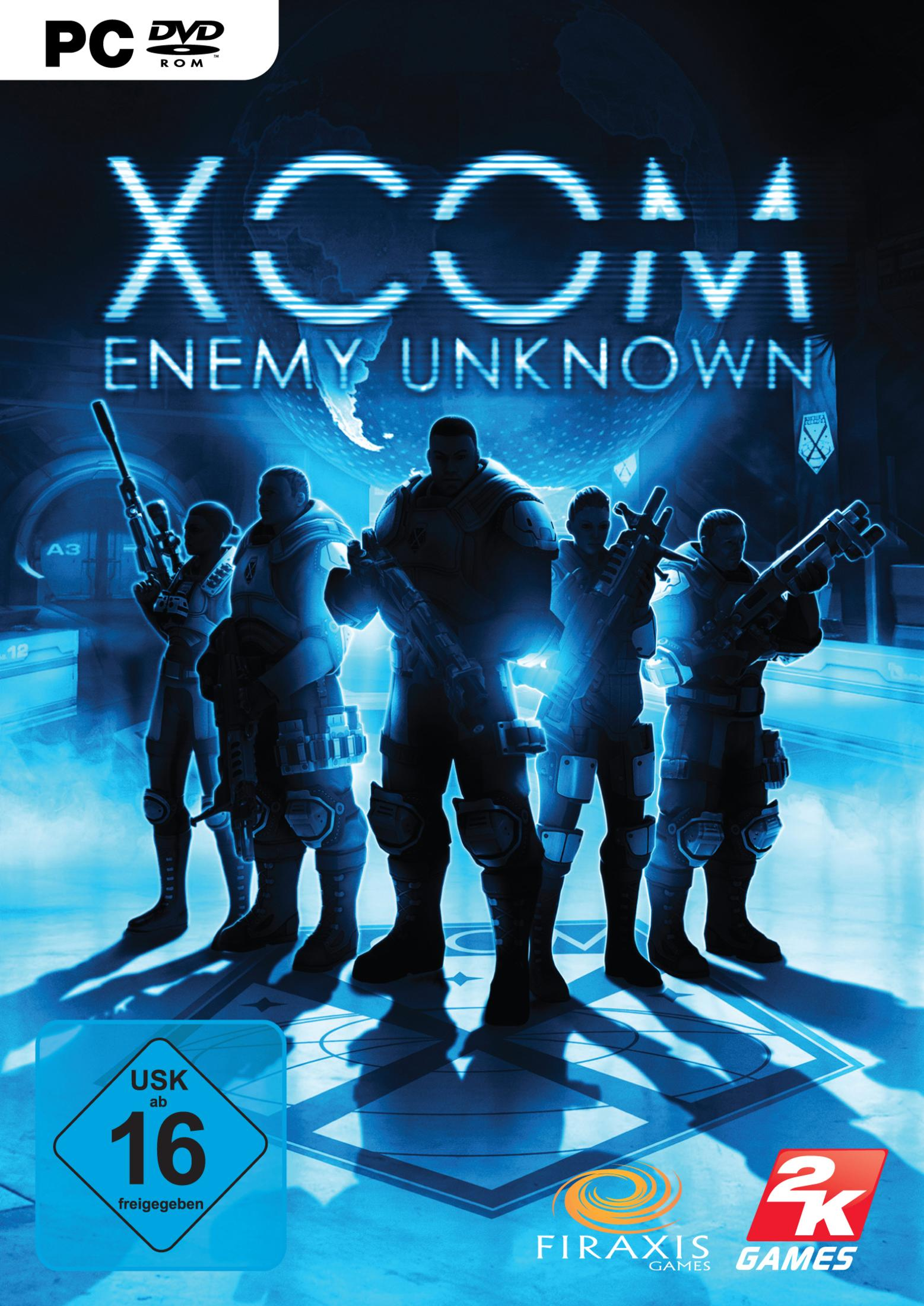 Spielbox-Art für XCOM 2, die Soldaten mit Waffen, einen blauen Hintergrund und den Spieletitel zeigt.