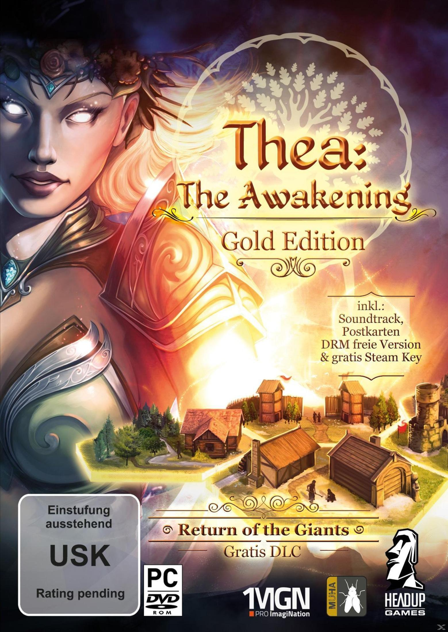 Spielbox für Thea: The Awakening. Eine Frau mit langen Haaren ist auf dem Cover. Das Spiellogo ist vorne.
