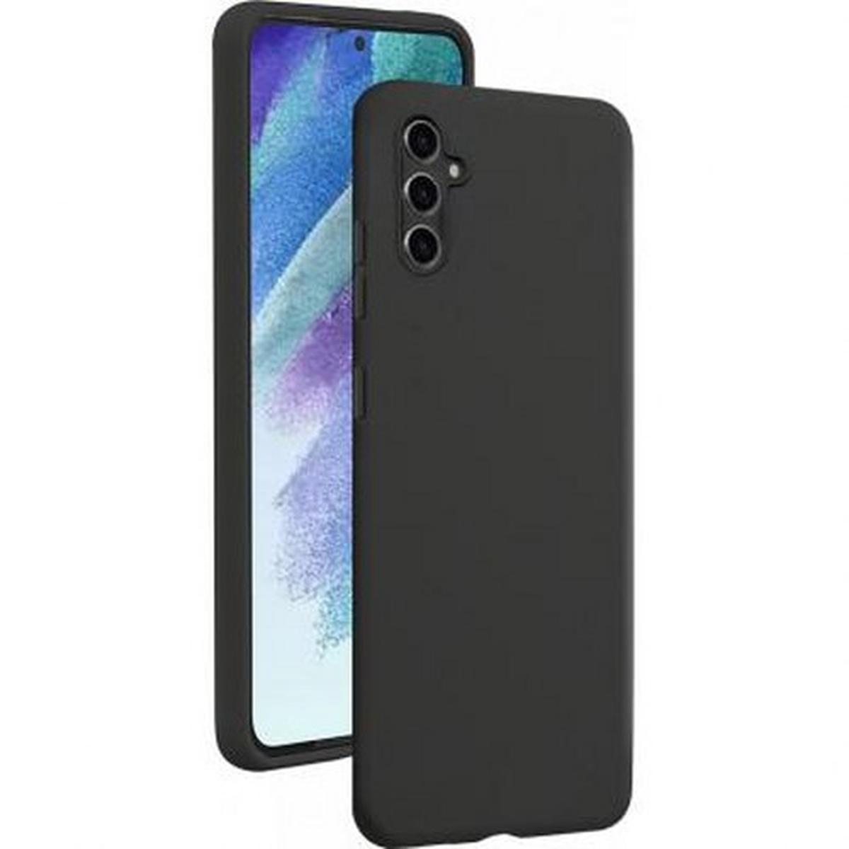 Custodia per telefono nera con un telefono all'interno. La custodia è semplice con un foro per la fotocamera.