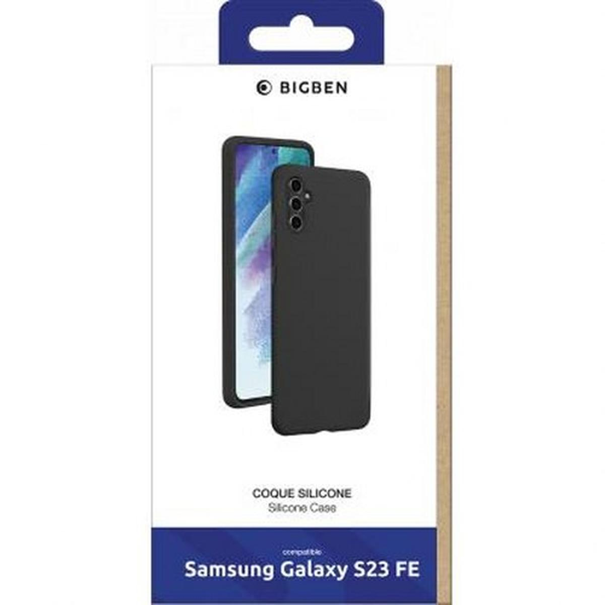Una scatola per la custodia del telefono per Samsung Galaxy S23 FE. La custodia è nera e il telefono è visibile sulla scatola.