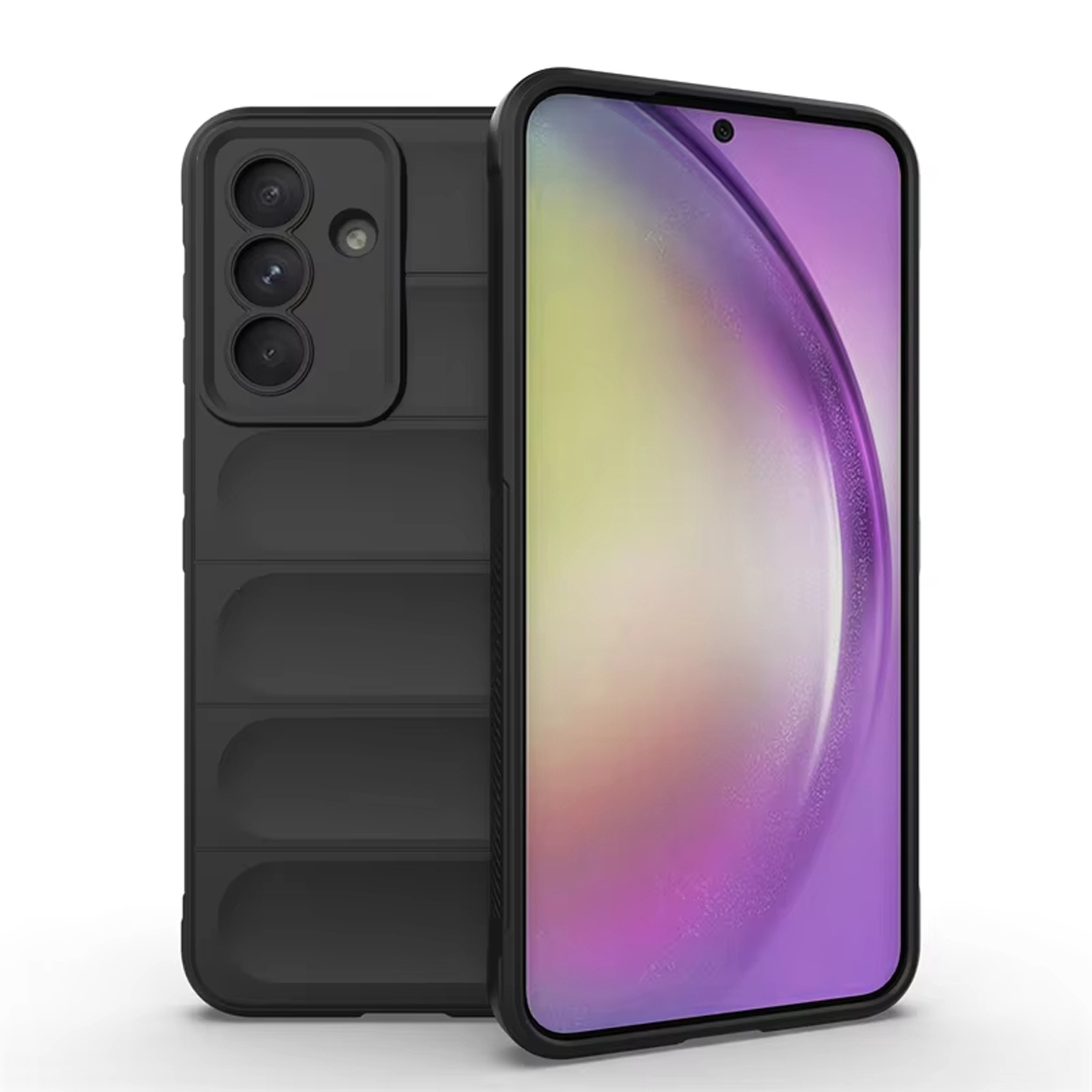 Zwarte telefoonhoes, met een telefoon erin. De hoes heeft een cameragat en een gestructureerde achterkant.