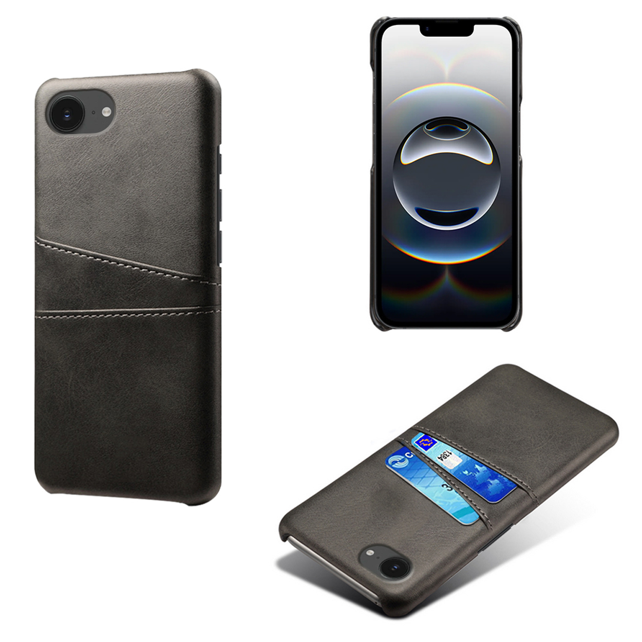 Grijze telefoonhoes met een kaartsleuf. Een telefoon en kaarten zijn zichtbaar. Een andere telefoon op de achtergrond.