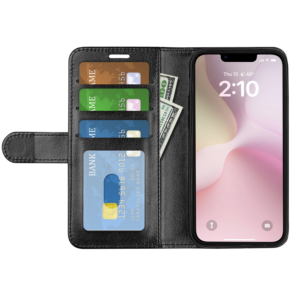 Een zwarte telefoonhoes met een telefoon, creditcards en geld erin. De hoes is gesloten.