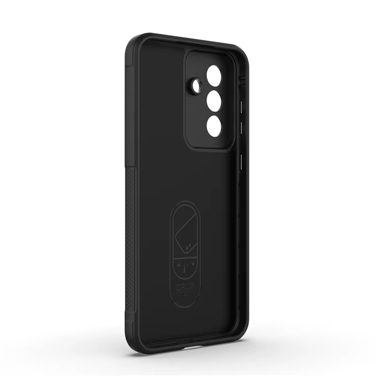 Zwarte telefoonhoes. Binnenaanzicht. De hoes heeft cameragaten en een logo.