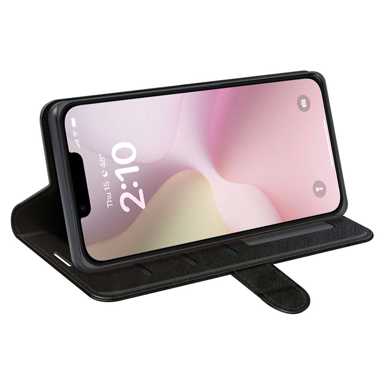 Een zwarte telefoonhoes met een telefoon erin. Het scherm toont tijd en batterijniveau.