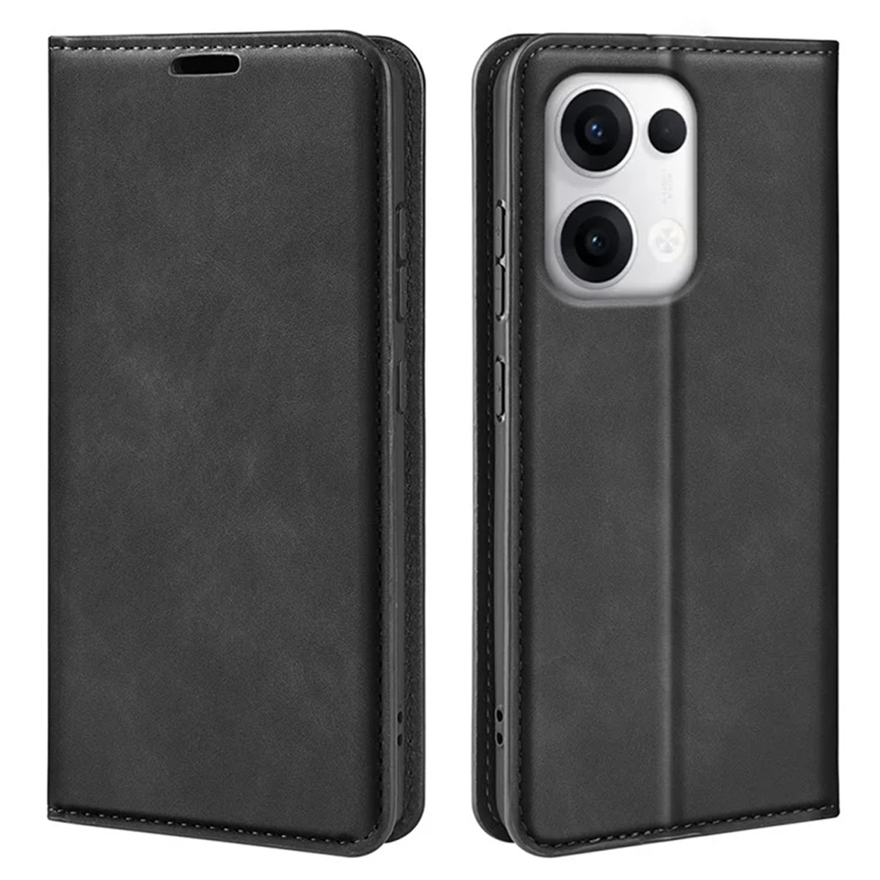 Coque de téléphone noire, ouverte. La coque contient un téléphone. La coque a une poche pour le téléphone.