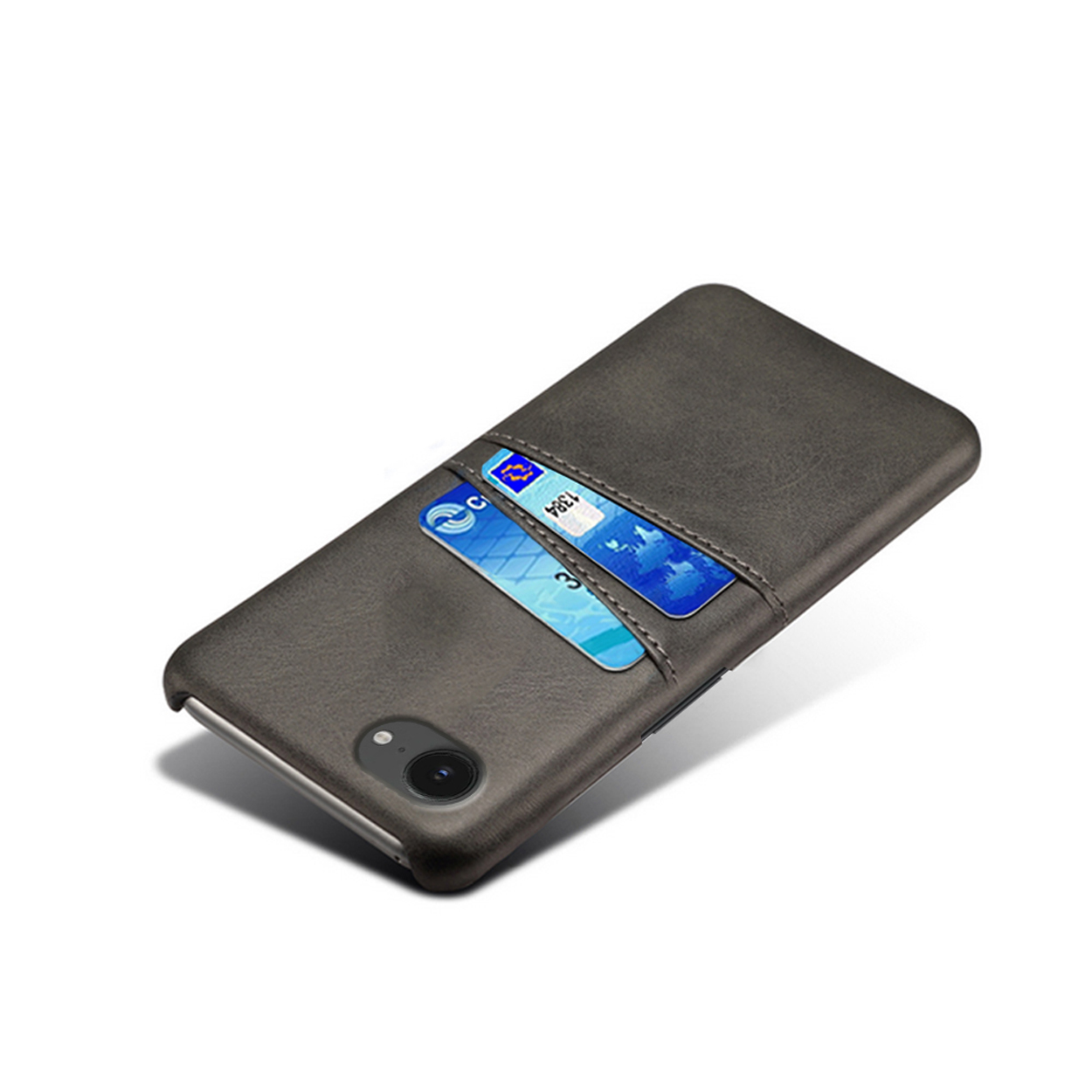 Donkergrijze telefoonhoes met een kaartsleuf. Kaarten met nummers in de sleuf.