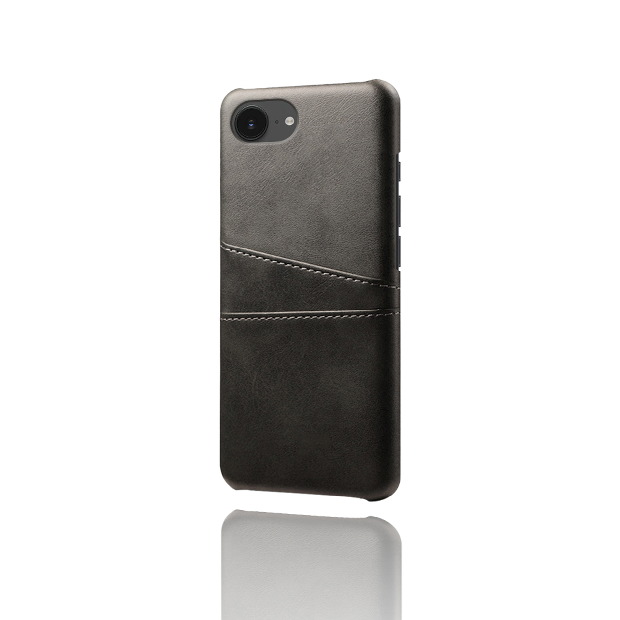 Donkergrijze telefoonhoes. De achterkant heeft een camera en een reflectie op het oppervlak.