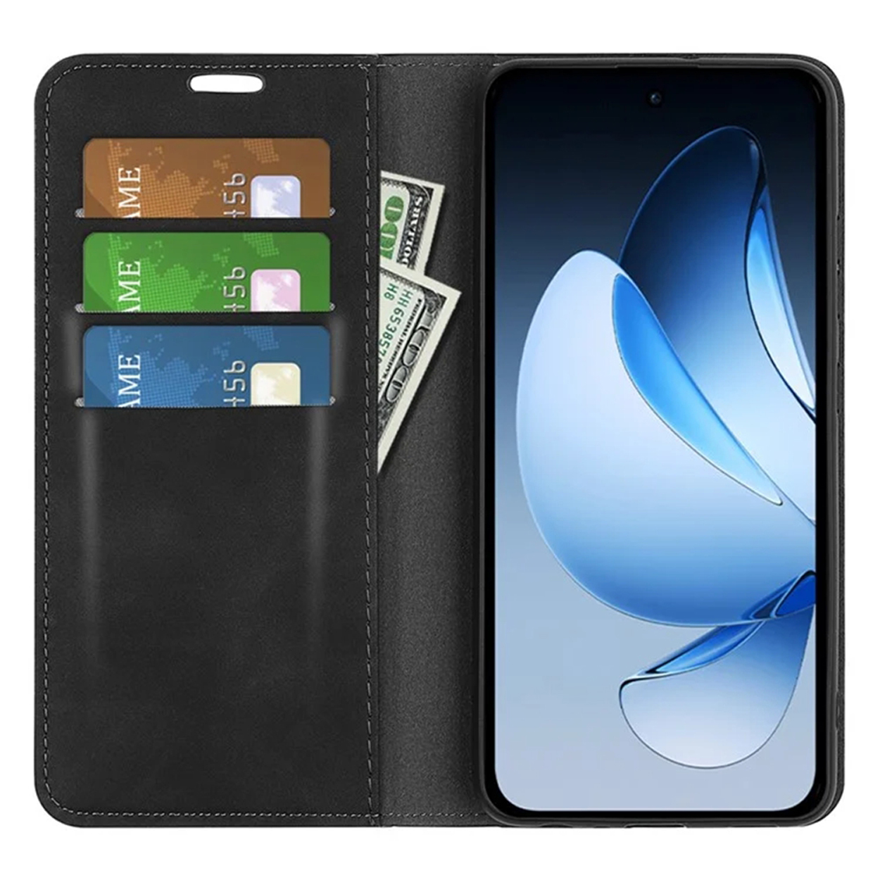 Coque de téléphone noire ouverte avec cartes et argent. Trois cartes sont visibles avec des billets de banque.