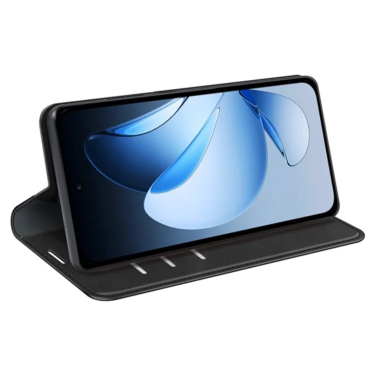 Coque de téléphone noire ouverte. Écran du téléphone affichant un motif d'eau bleu et trois lignes blanches.