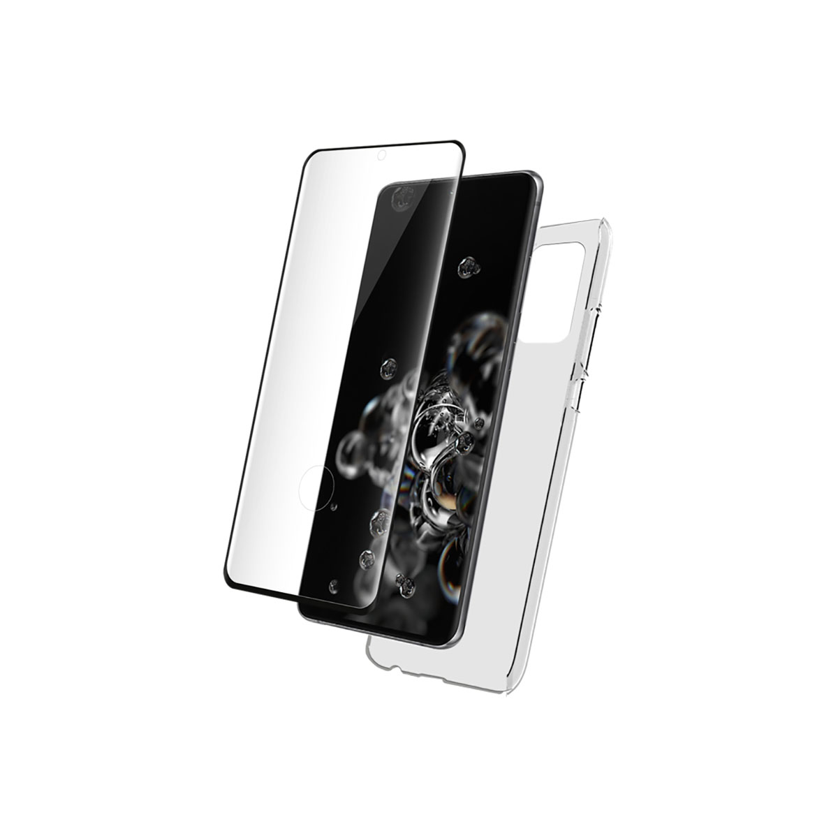 Proteggi schermo con telefono e custodia. Tutti e tre sono di colore trasparente.