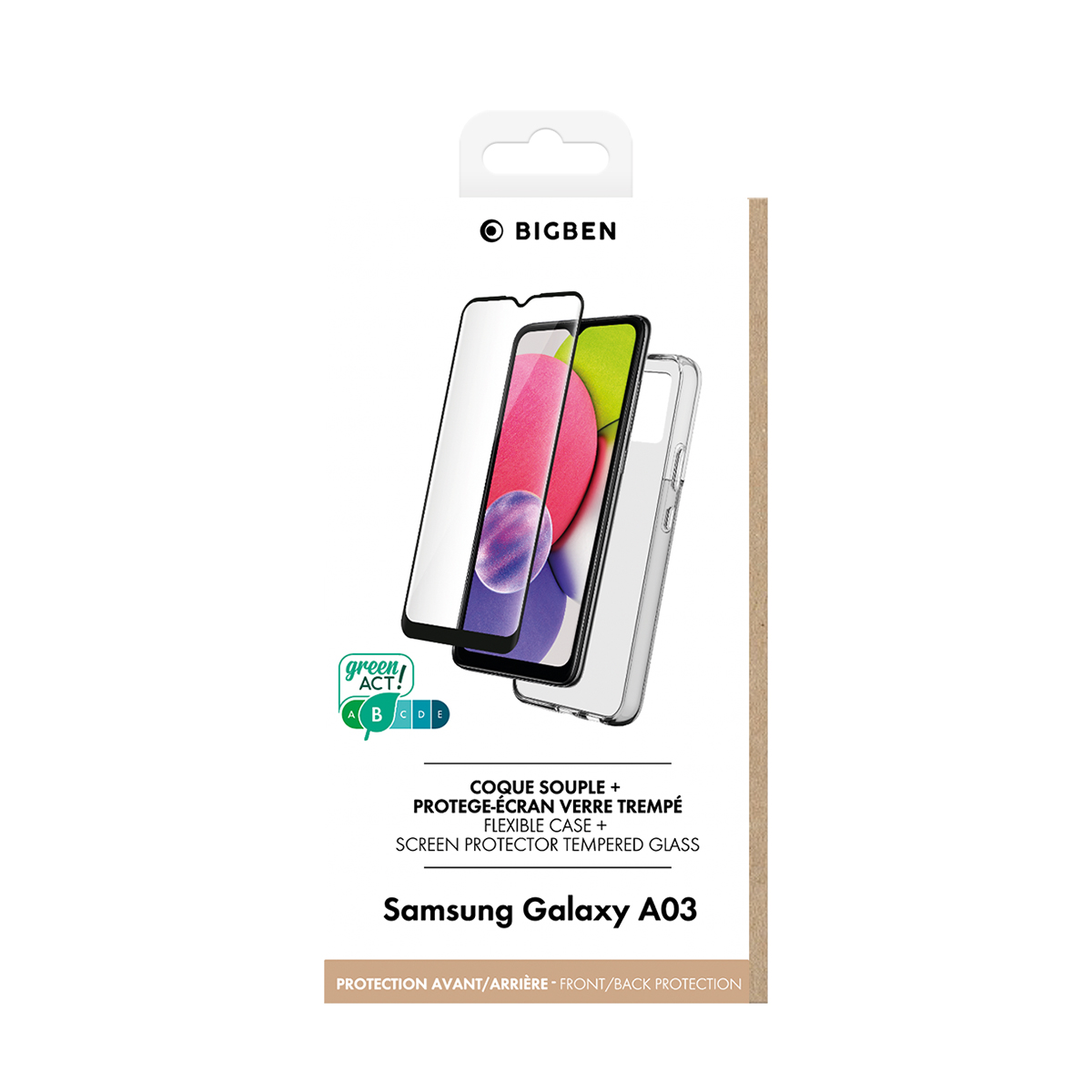 Una confezione di protezioni schermo per un Samsung Galaxy A03. Ha tre protezioni schermo.