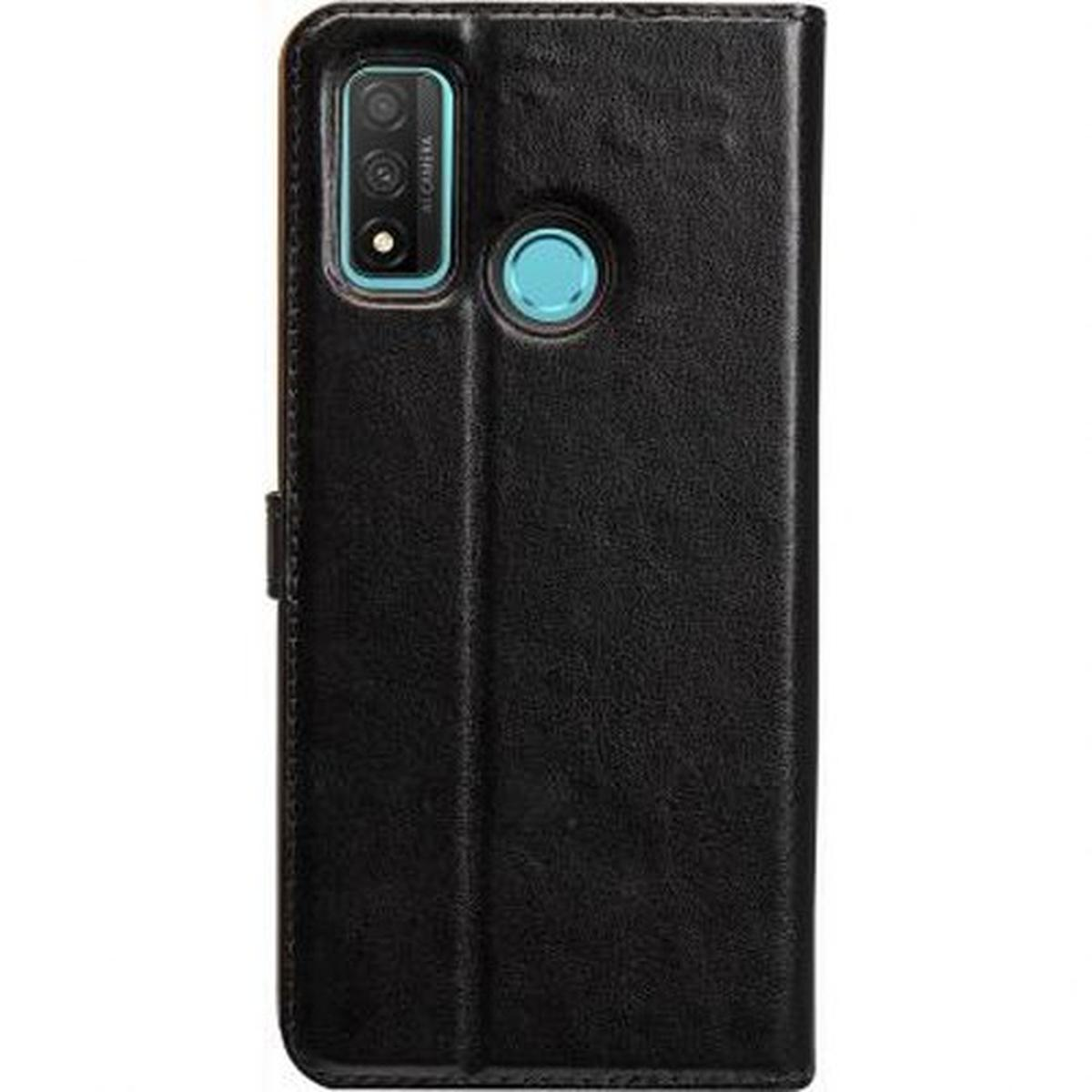 Una custodia per telefono in pelle nera con un telefono all'interno. Ha un ritaglio per la fotocamera e fessure per schede.