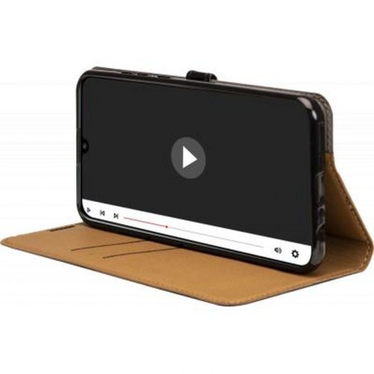 Uno smartphone che mostra un video con un pulsante di riproduzione, posto su una custodia in pelle marrone.