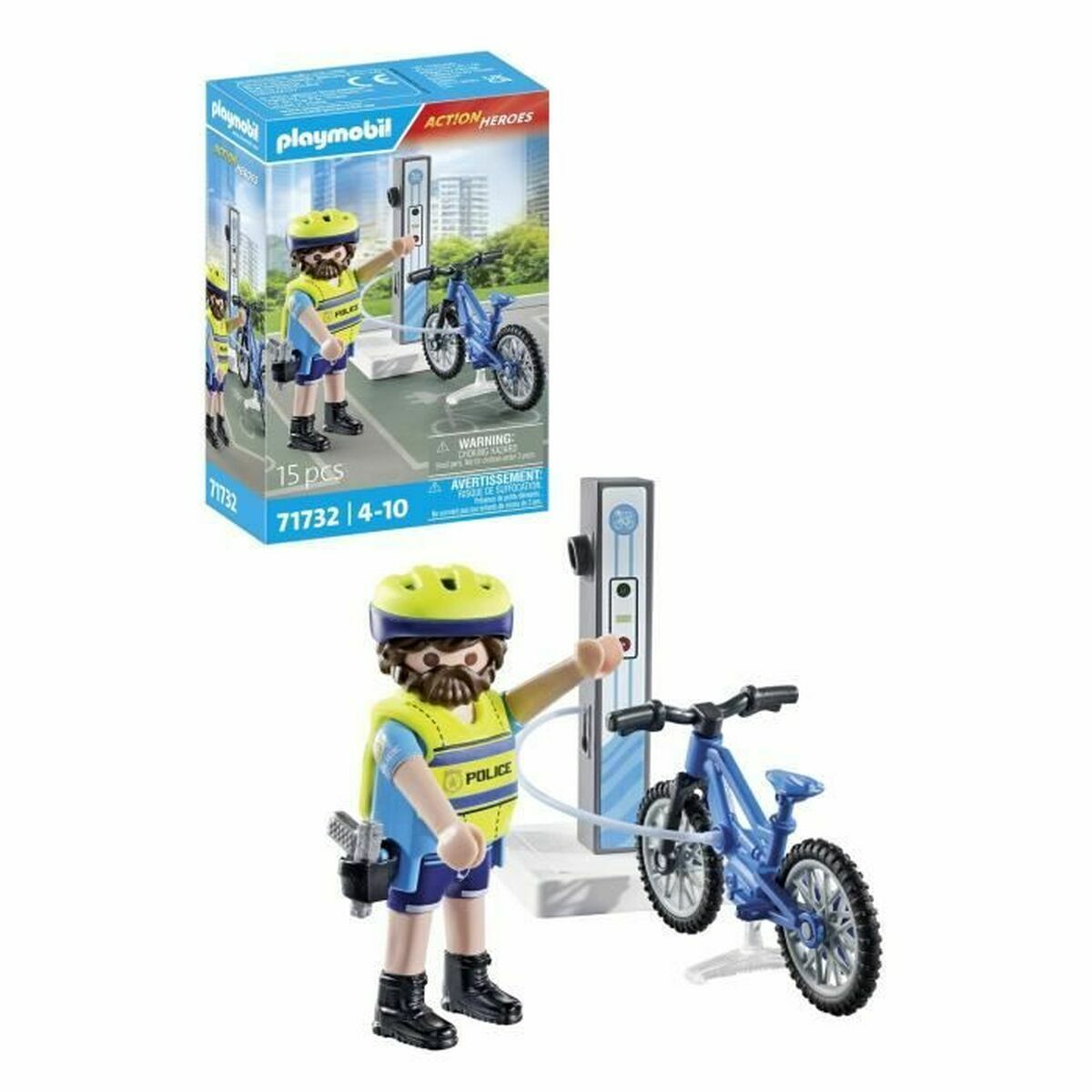 Un oficial de policía de Playmobil con una bicicleta. La bicicleta tiene ruedas azules y está conectada a una estación de carga.
