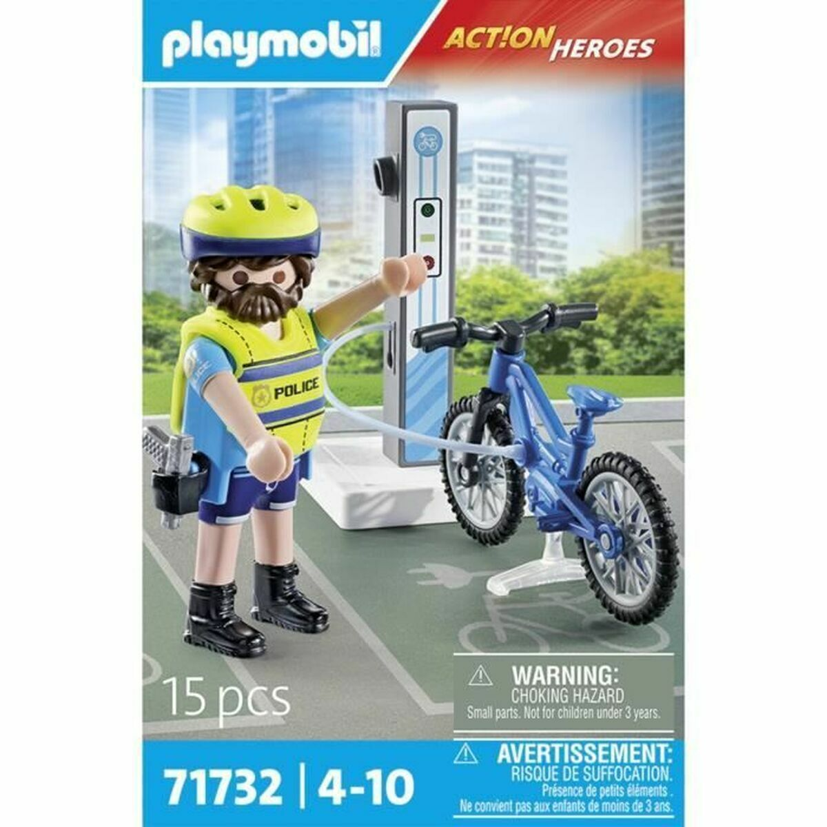 Un oficial de policía de Playmobil con una bicicleta. La bicicleta tiene ruedas azules y está conectada a una estación de carga.