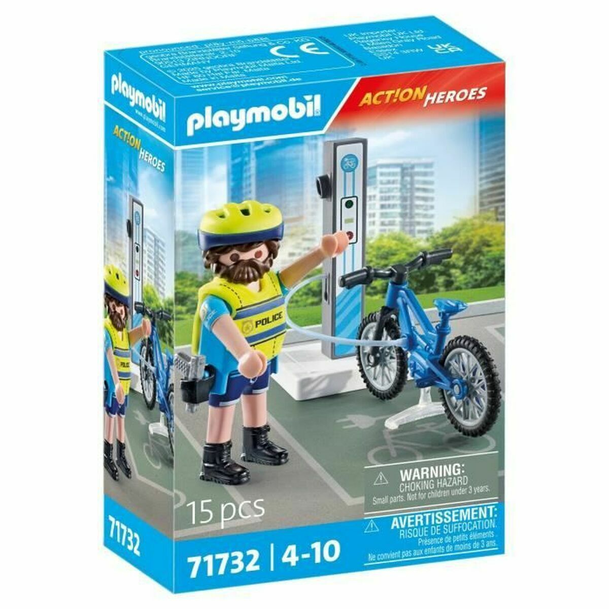 Un oficial de policía de Playmobil con una bicicleta. La bicicleta tiene ruedas azules y está conectada a una estación de carga.