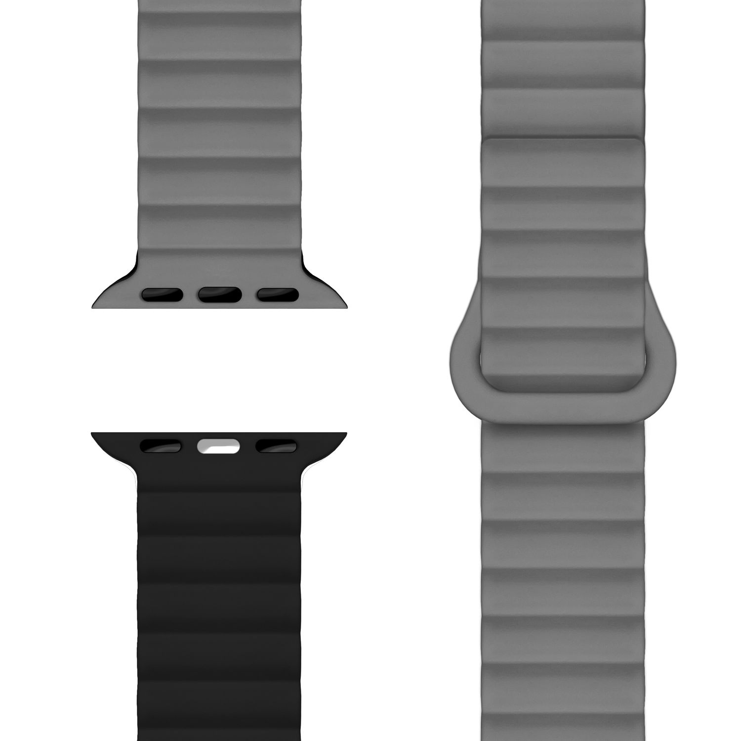 Zwei graue Apple Watch Armbänder. Eines ist komplett und das andere mit Anschluss an die Uhr.