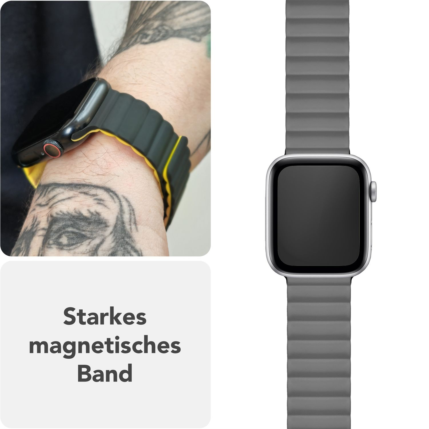 Zwei Bilder: Apple Watch mit grauem Magnetband am Handgelenk und Nahaufnahme eines gelb/schwarzen Bands.