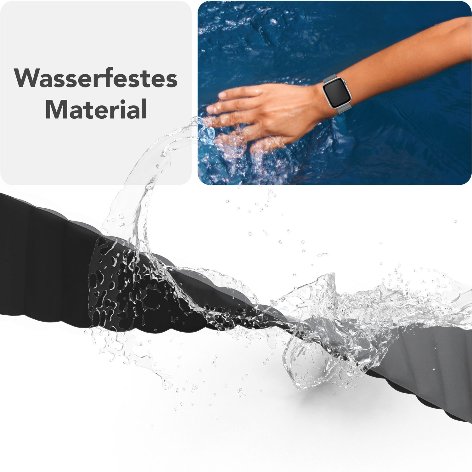 Eine Hand, die eine Uhr im Wasser trägt. Der Text sagt: Wasserdichtes Material.